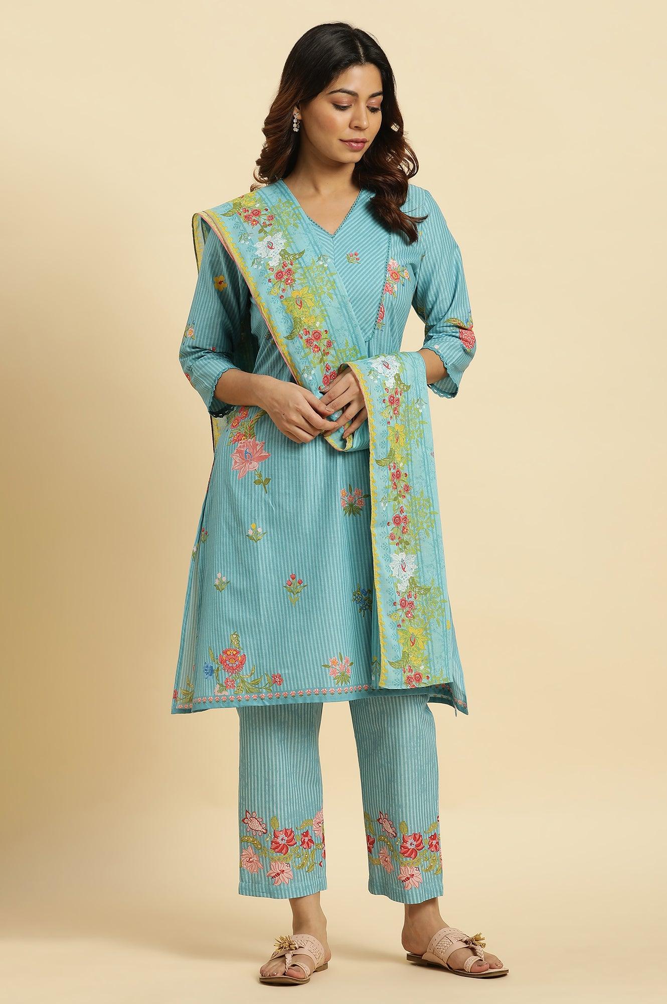 Blue Floral Printed Kurta, Pants And Dupatta Set - wforwoman