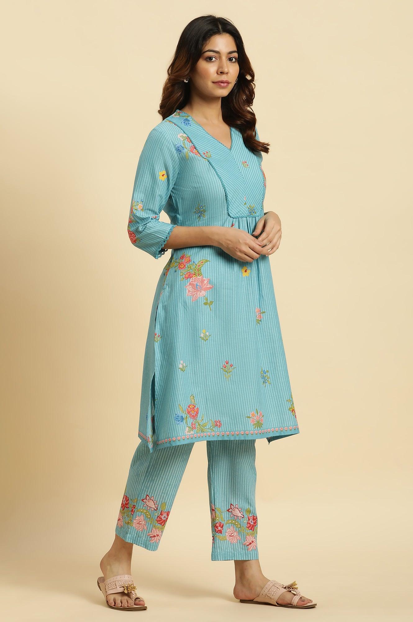 Blue Floral Printed Kurta, Pants And Dupatta Set - wforwoman
