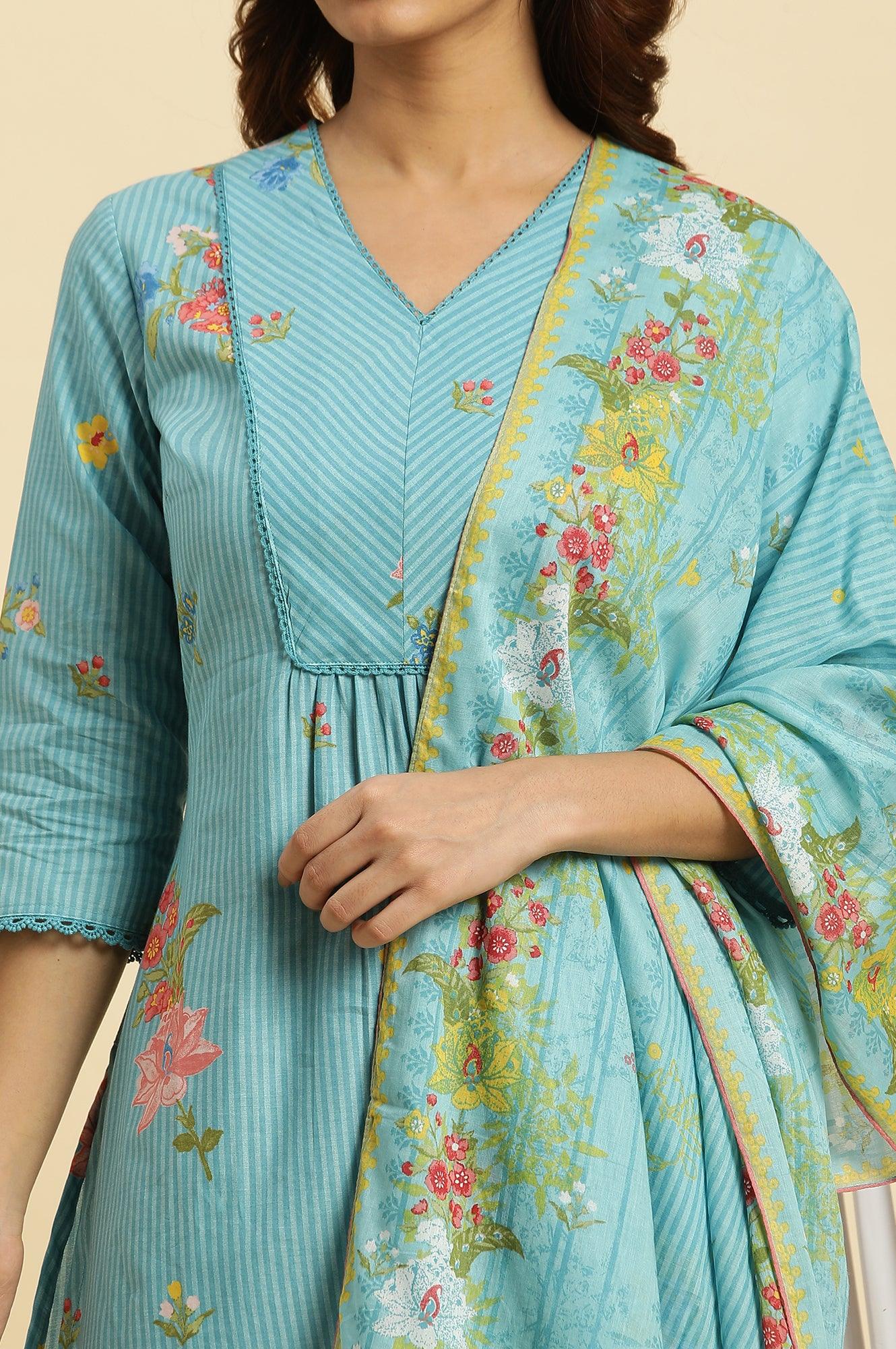 Blue Floral Printed Kurta, Pants And Dupatta Set - wforwoman