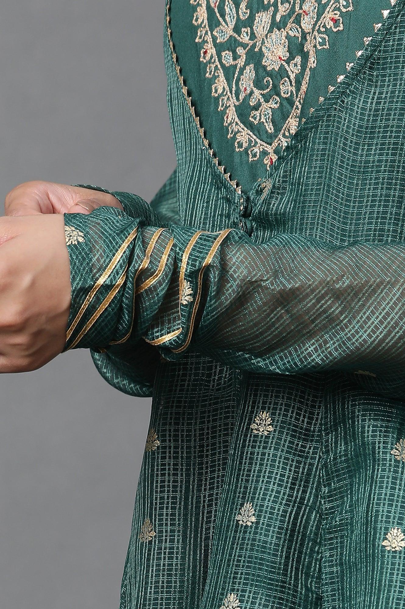 Green Layered Anakali Kurta And Slim Pant Set - wforwoman