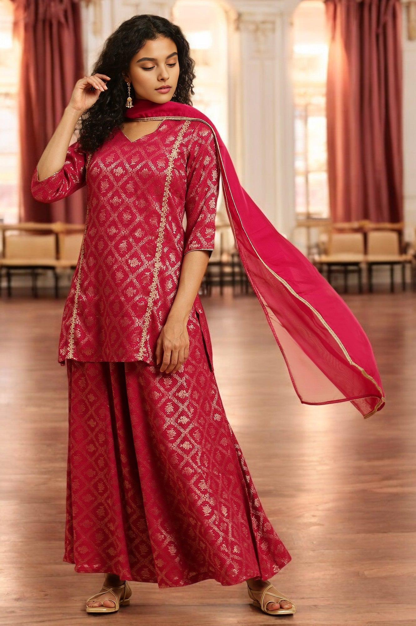 Buy Pink Zari Embellished Short Kurta, Flared Pants And Dupatta