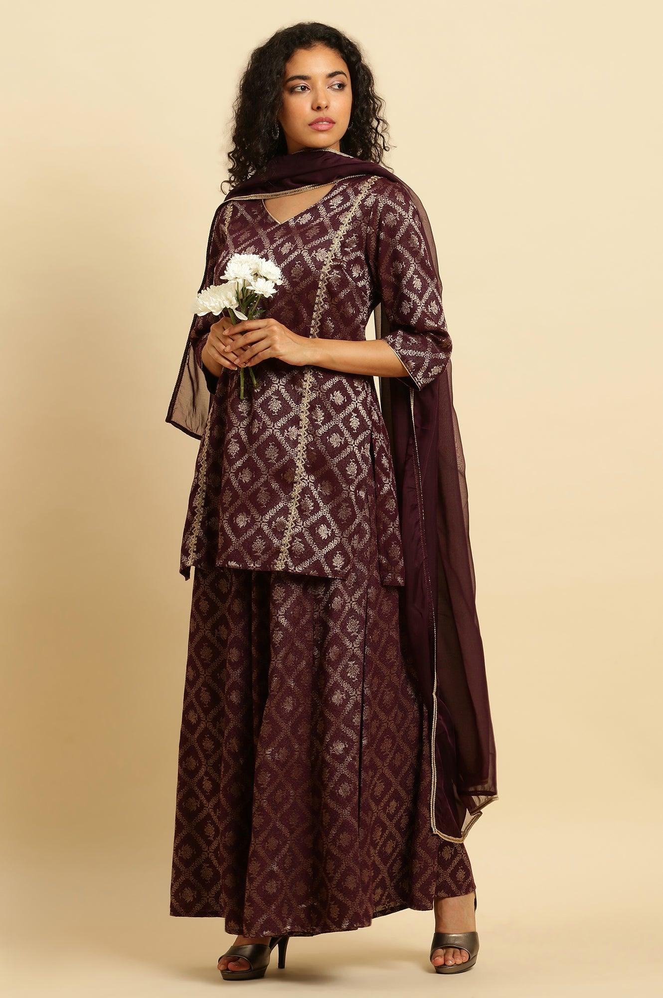 Purple Zari Embellished Short Kurta, Flared Pants And Dupatta Set - wforwoman