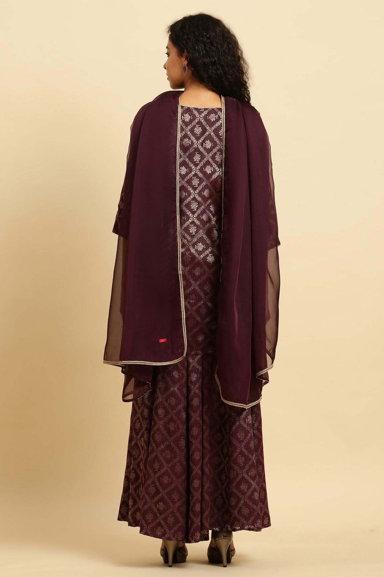 Purple Zari Embellished Short Kurta, Flared Pants And Dupatta Set - wforwoman