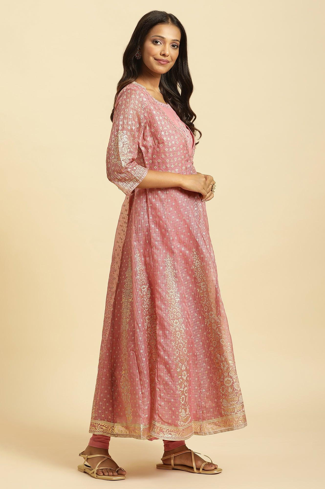 Pink Foil Printed Mock Layered Kurta And Tights Set - wforwoman