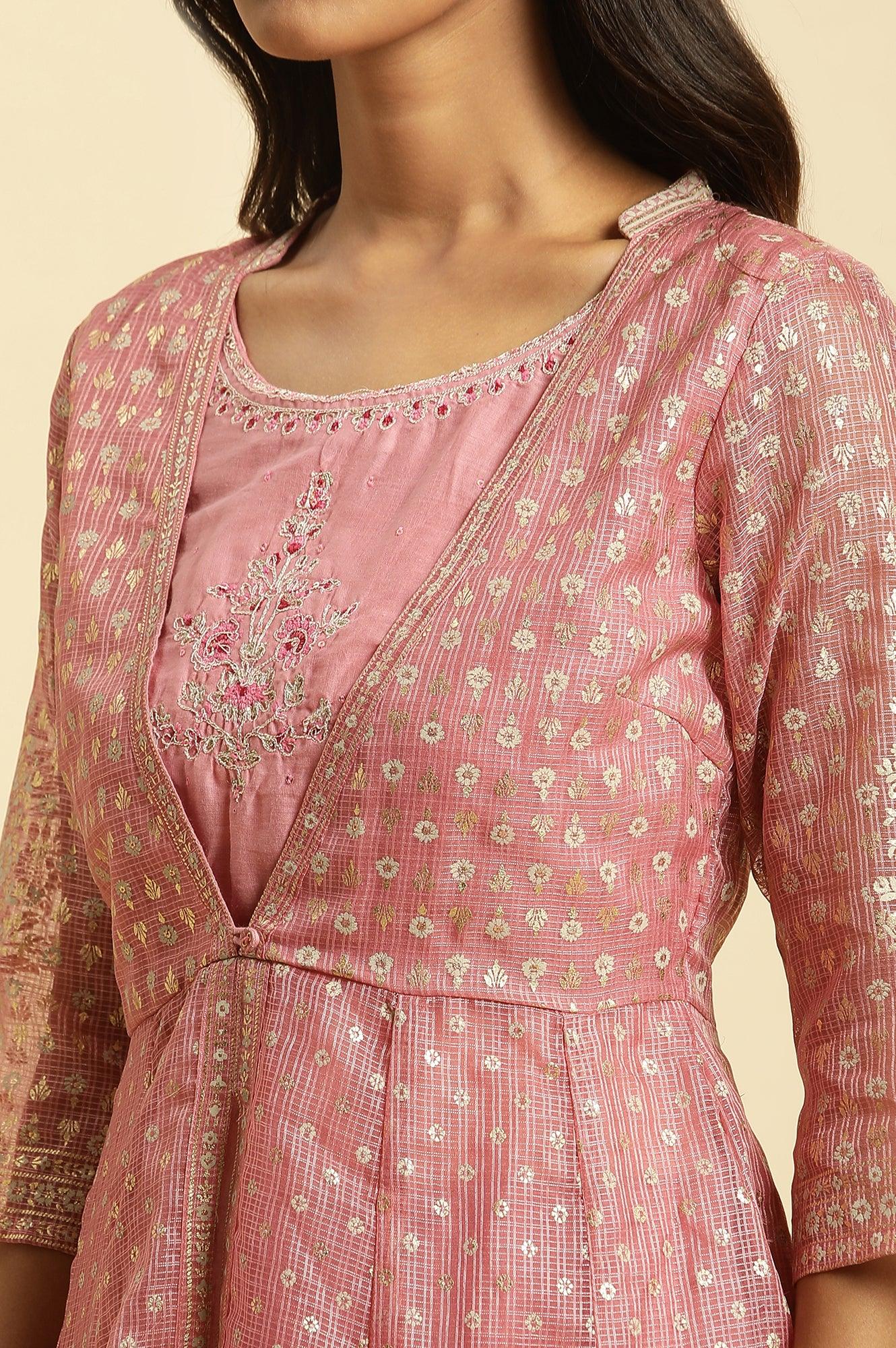 Pink Foil Printed Mock Layered Kurta And Tights Set - wforwoman