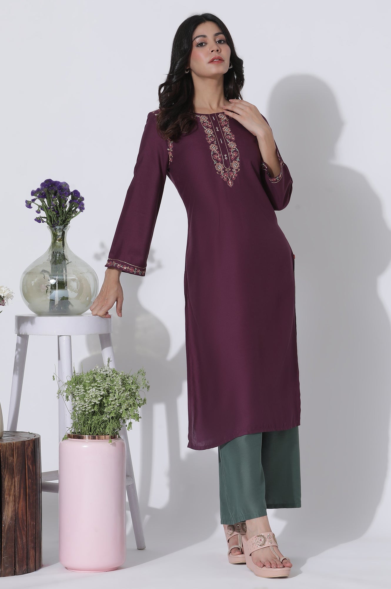 Purple Embroidered Kurta And Pants Set - wforwoman