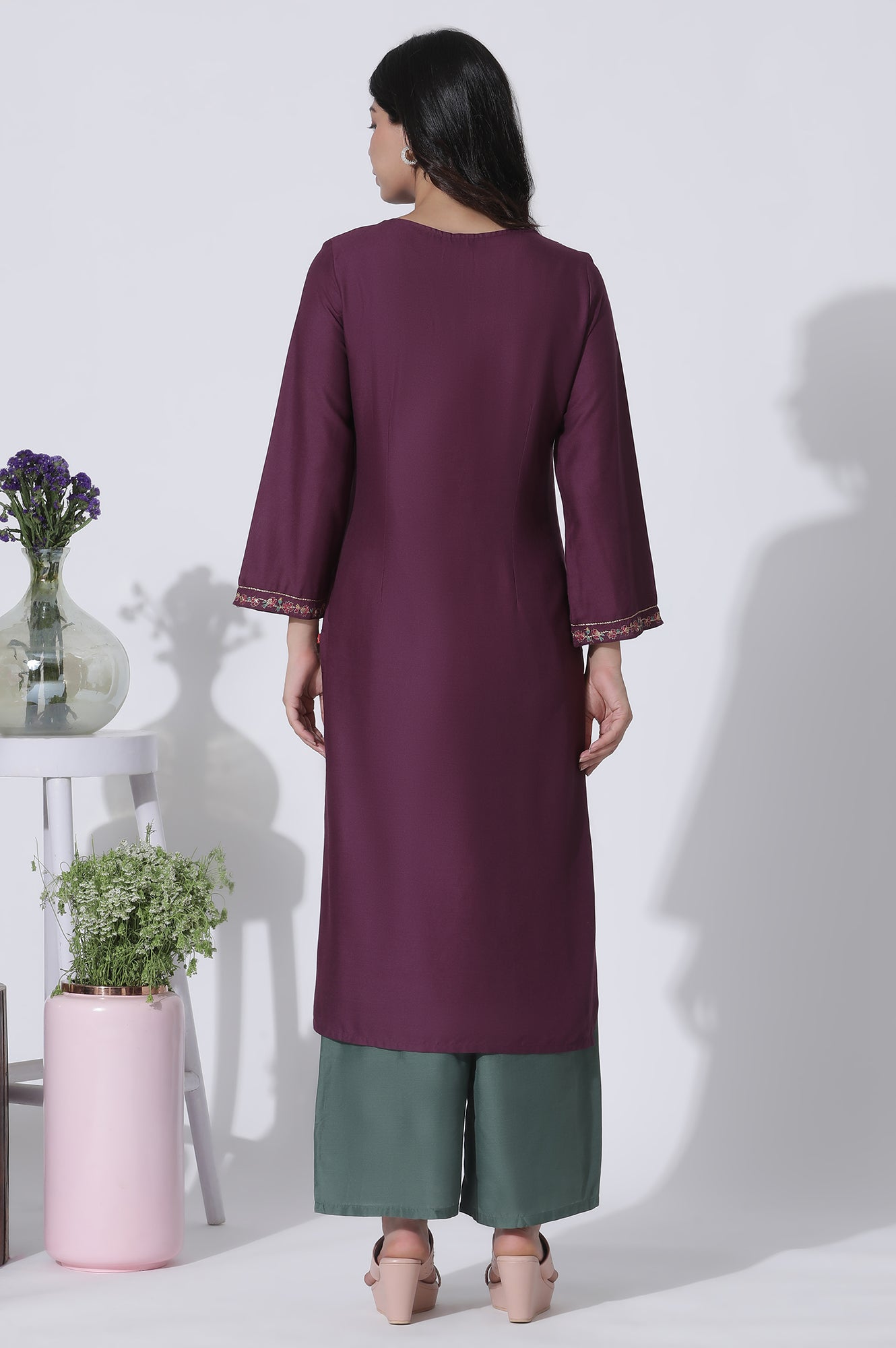 Purple Embroidered Kurta And Pants Set - wforwoman