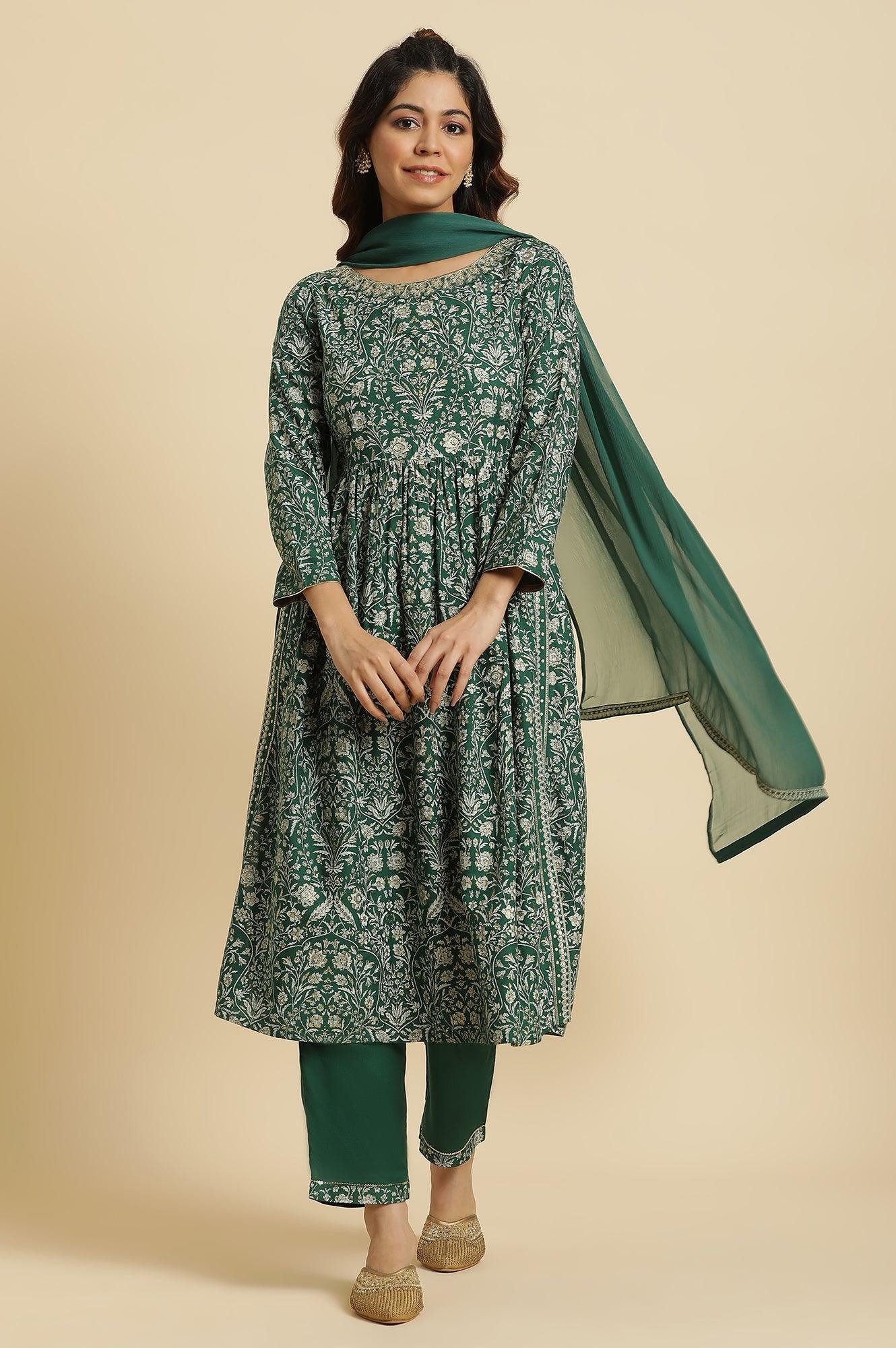 Dark Green Floral Printed Kurta, Pants & Dupatta Set - wforwoman