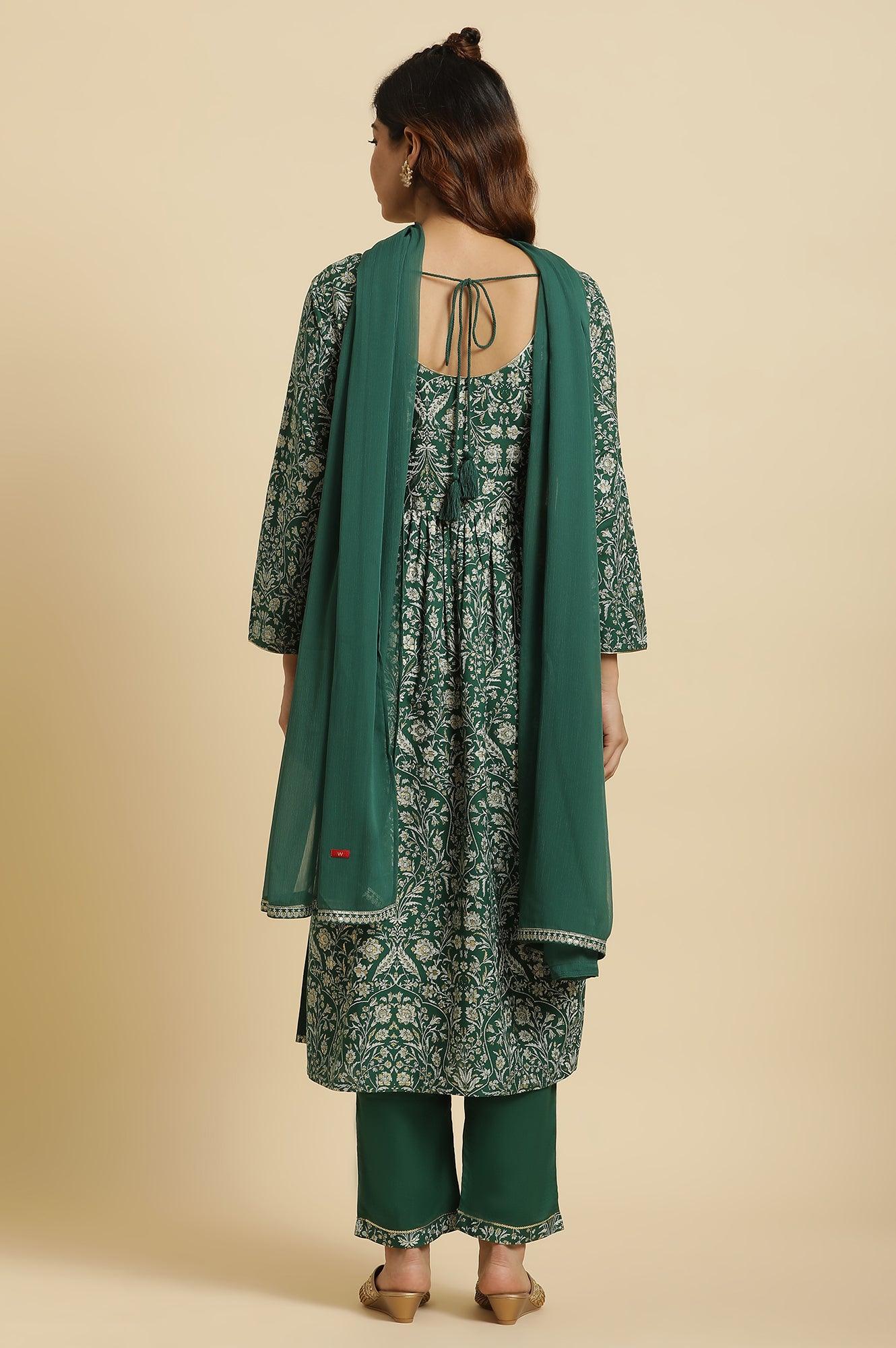 Dark Green Floral Printed Kurta, Pants & Dupatta Set - wforwoman