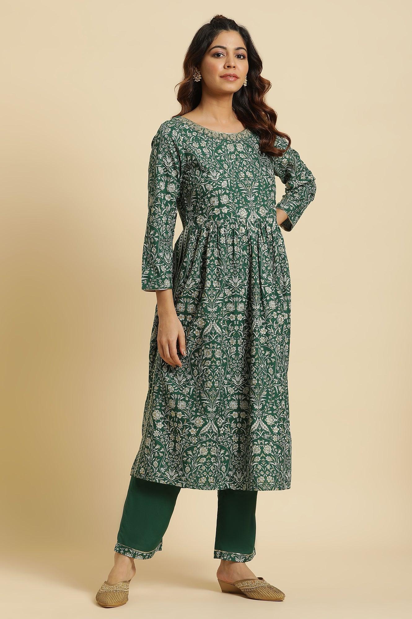 Dark Green Floral Printed Kurta, Pants & Dupatta Set - wforwoman