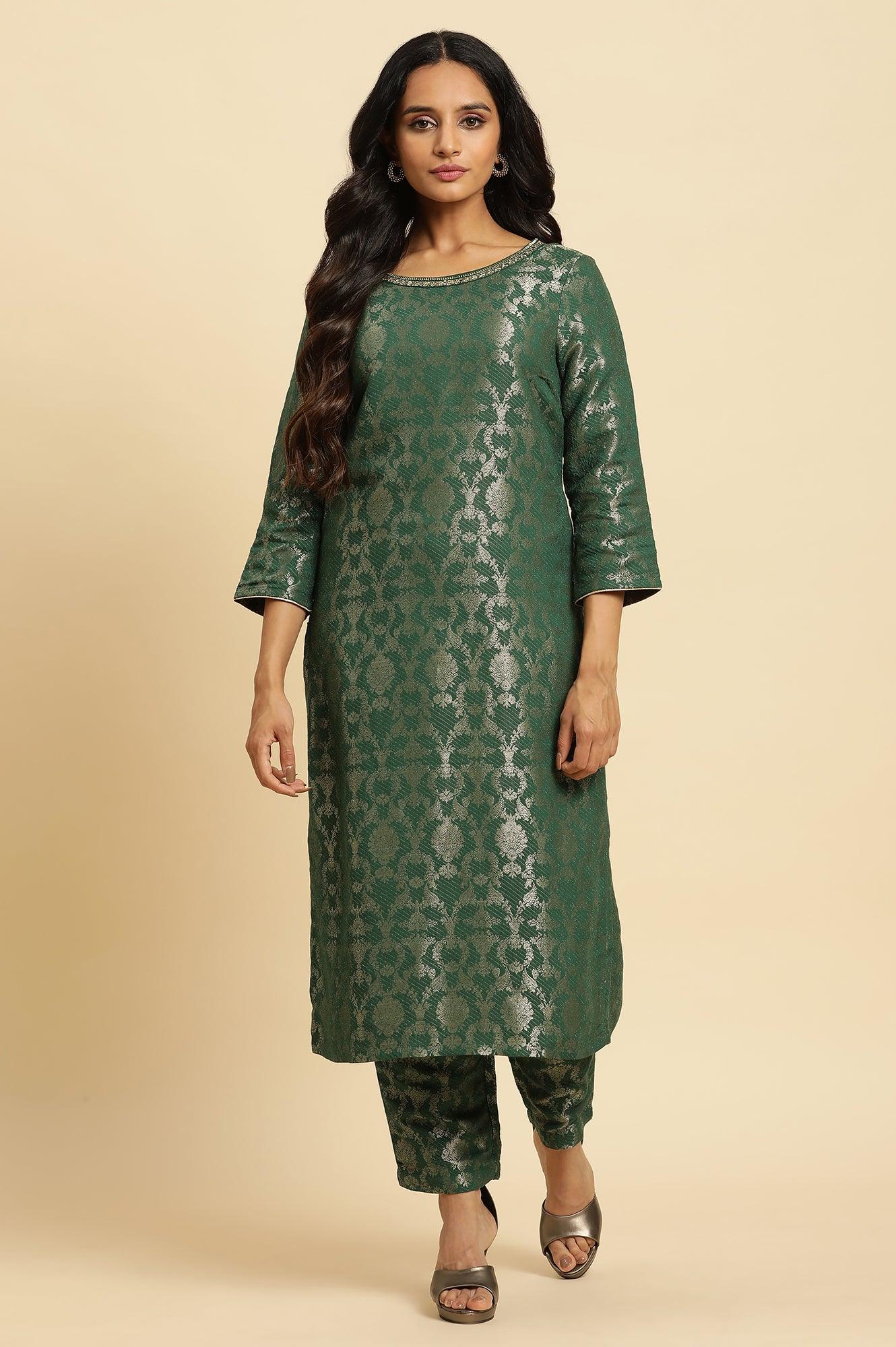 Green Rayon Jacquard Kurta And Pant Festive Set - wforwoman