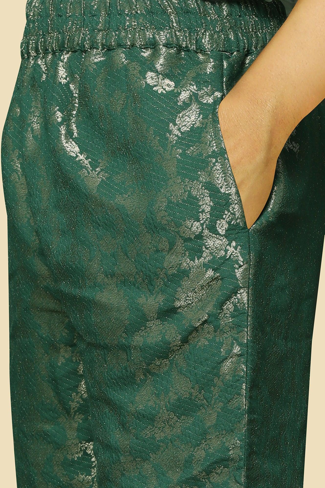 Green Rayon Jacquard Kurta And Pant Festive Set - wforwoman