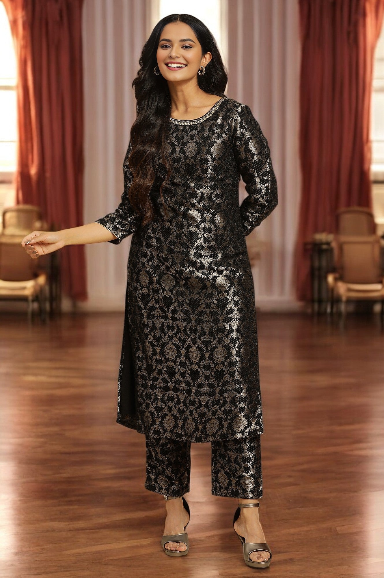 Black Rayon Jacquard Kurta And Pant Festive Set
