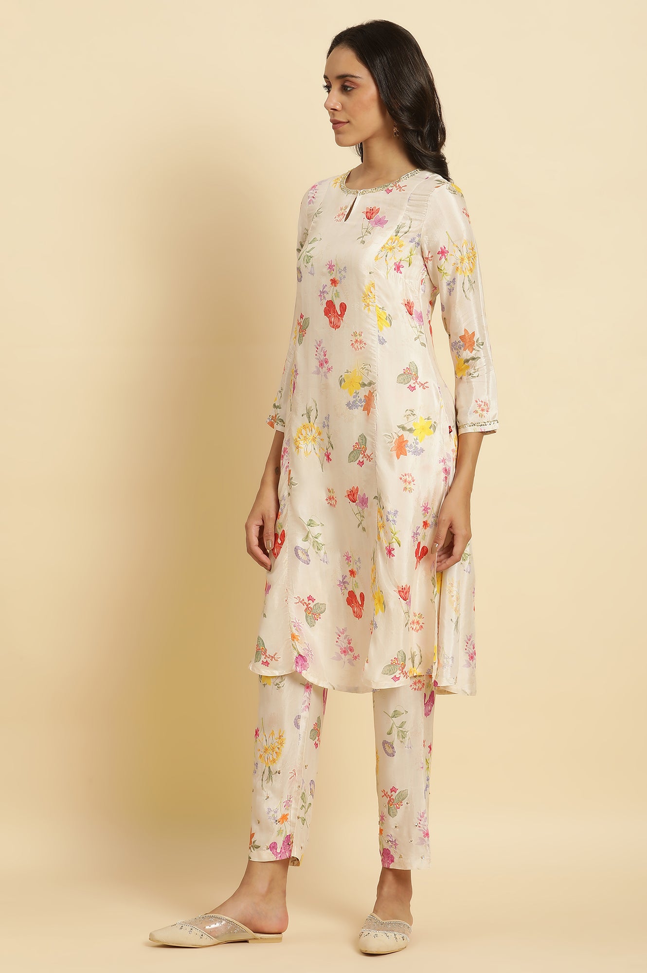 Cream Floral Printed Flared Kurta, Tights & Dupatta Set