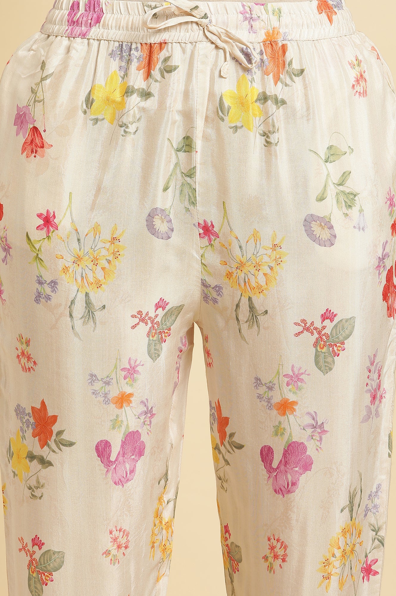 Cream Floral Printed Flared Kurta, Tights & Dupatta Set