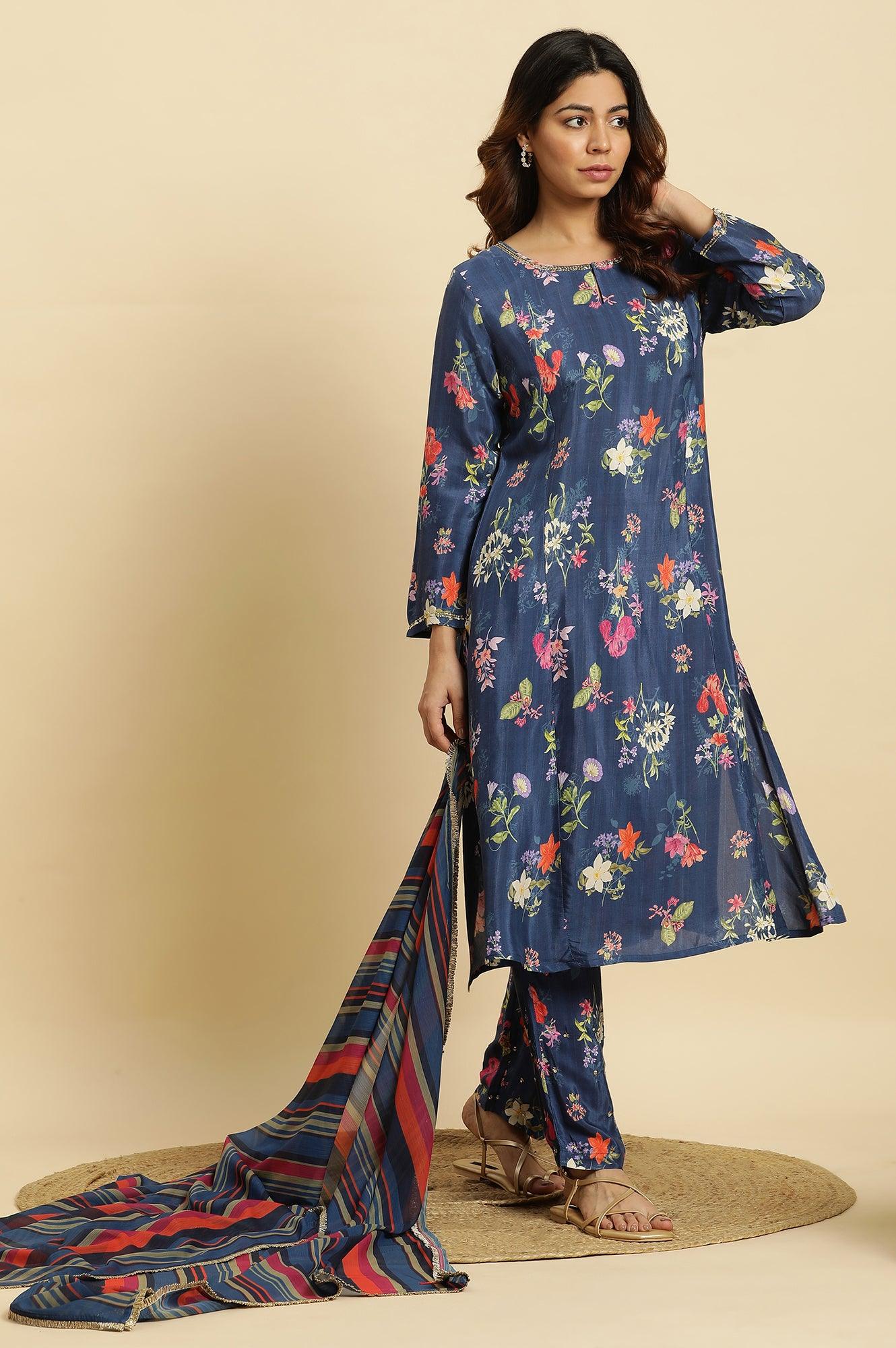Navy Blue Floral Printed Kurta, Straight Pants And Dupatta Set - wforwoman