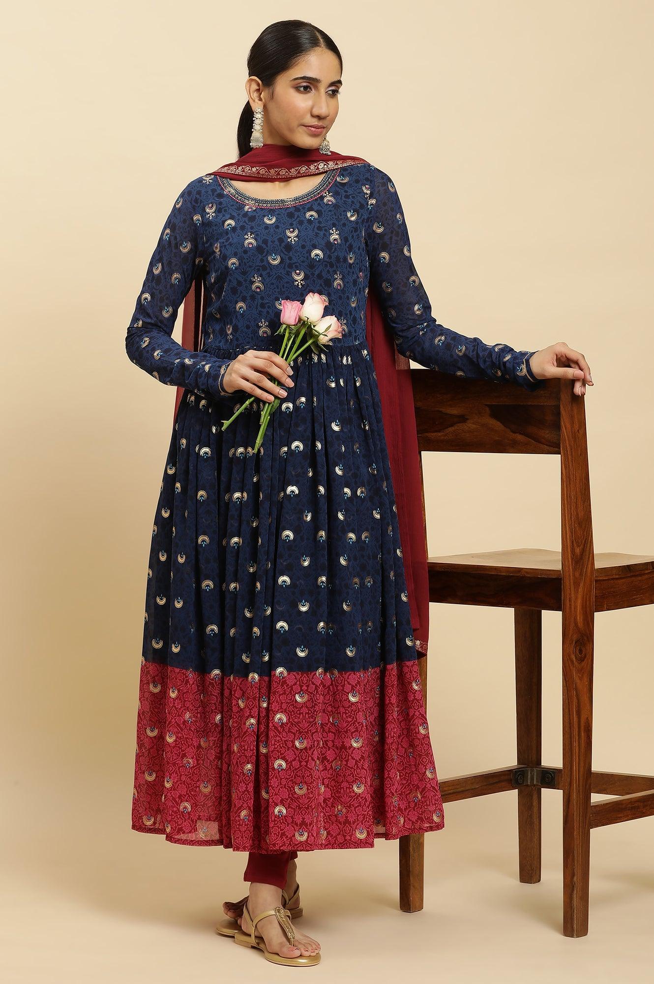 Blue Gathered Embroidered Kurta, Tights And Dupatta Festive Set - wforwoman
