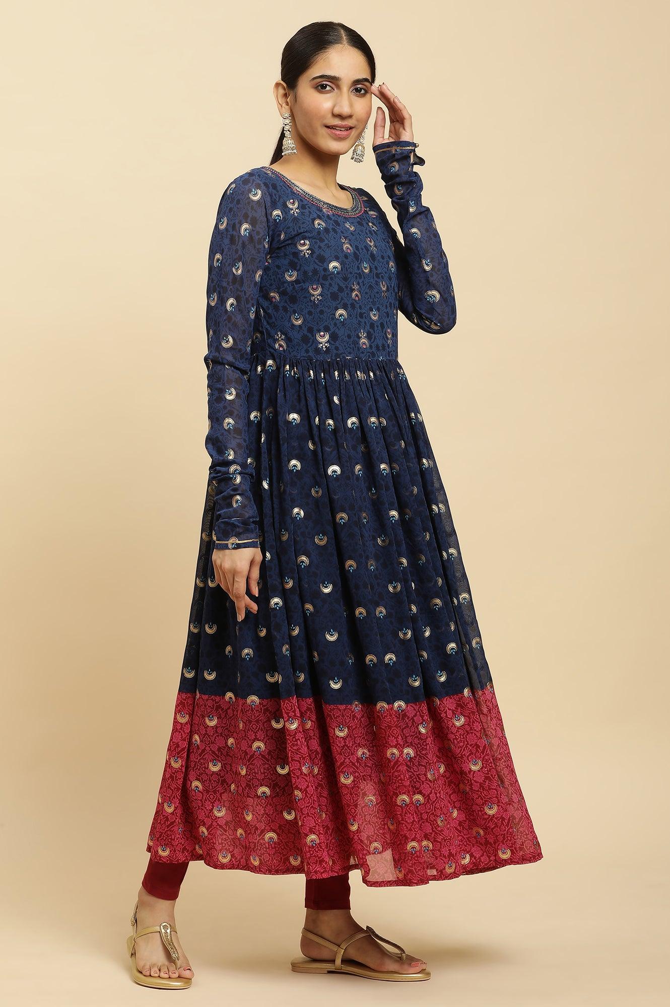 Blue Gathered Embroidered Kurta, Tights And Dupatta Festive Set - wforwoman