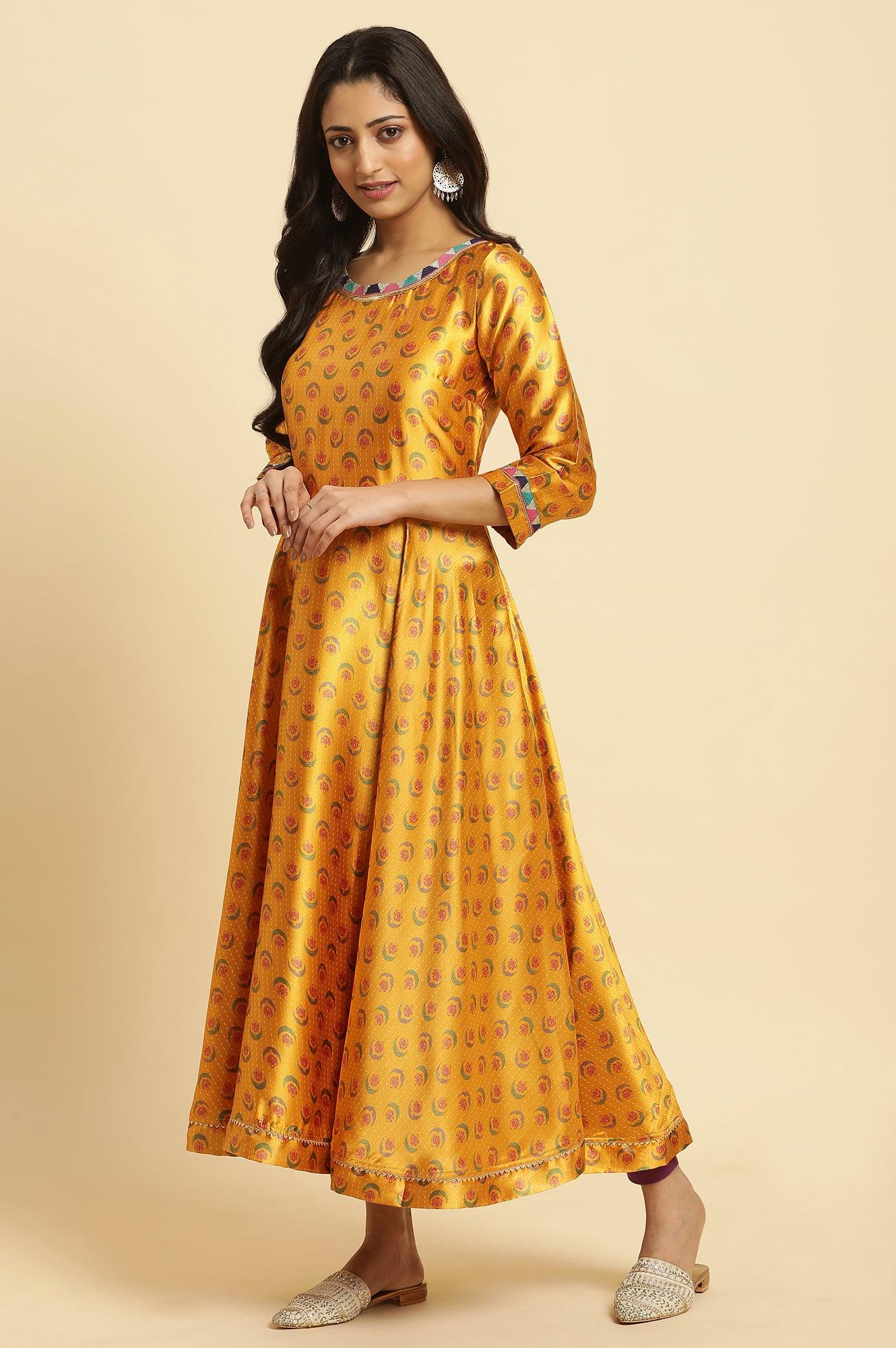 Mustard Yellow Flared Kurta, Tights And Dupatta Set - wforwoman