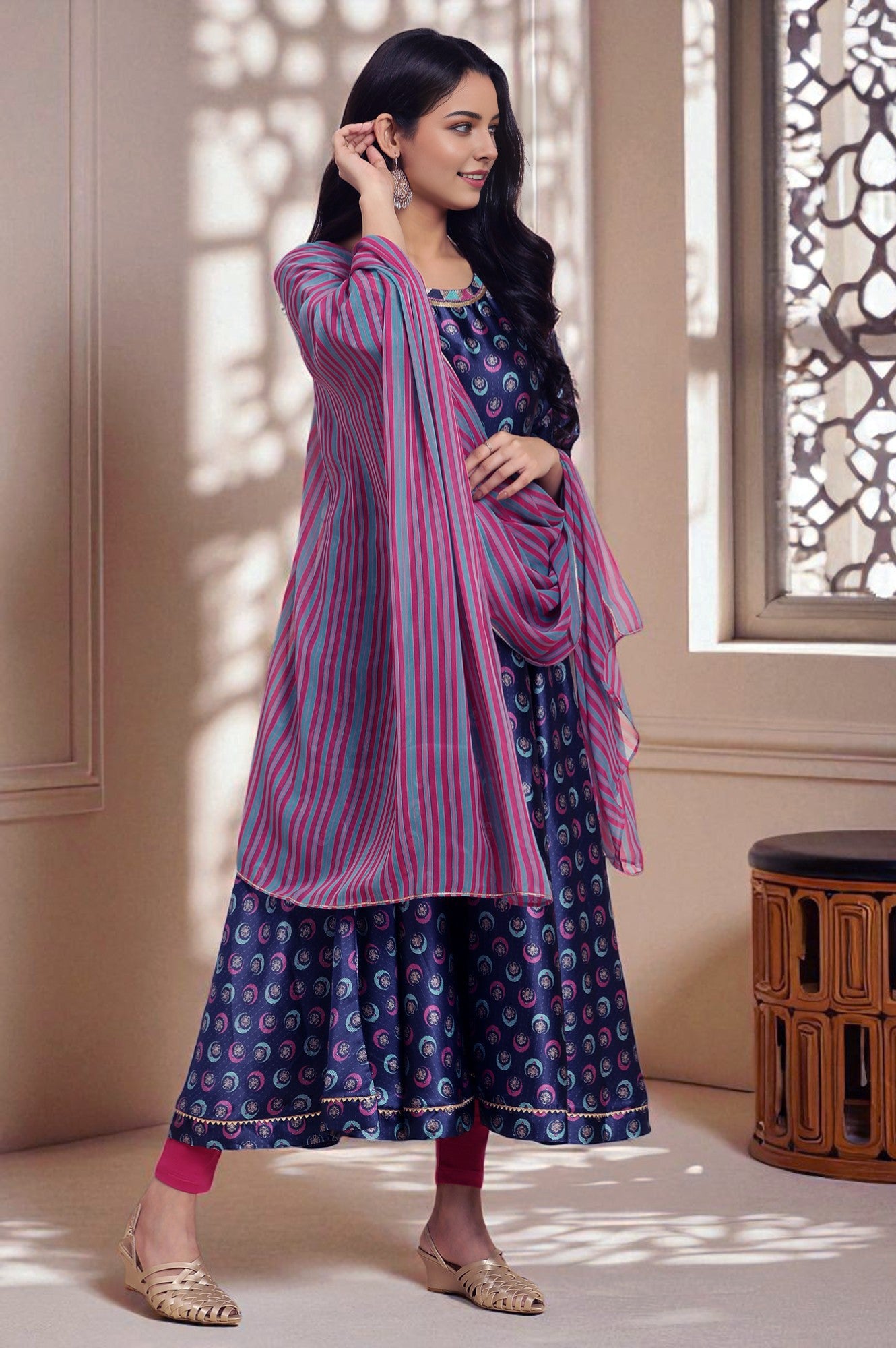 Navy Blue Floral Printed Satin Anarkali Kurta and Leggings Set with Dupatta