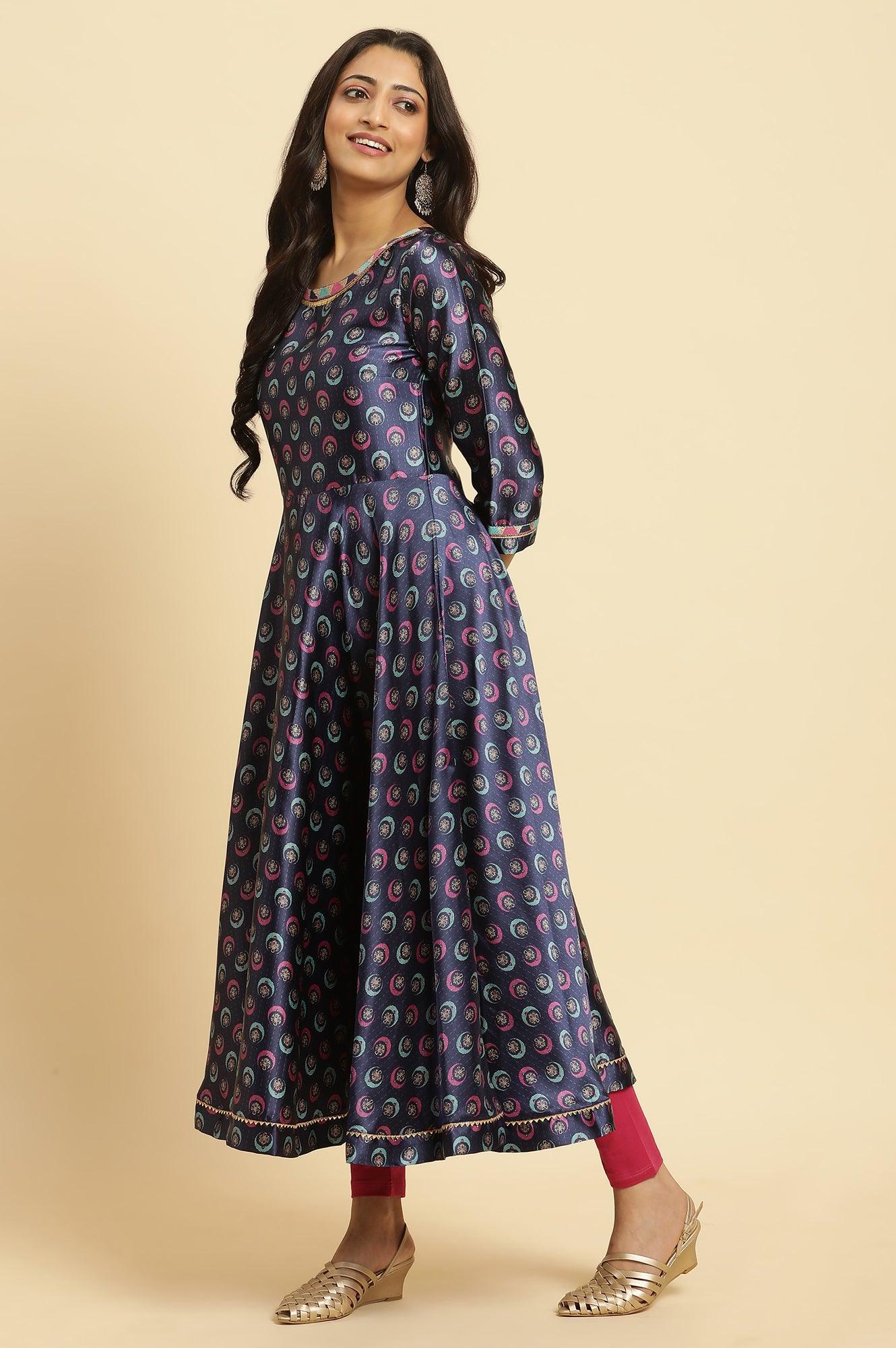 Navy Yellow Flared Kurta, Tights And Dupatta Set - wforwoman