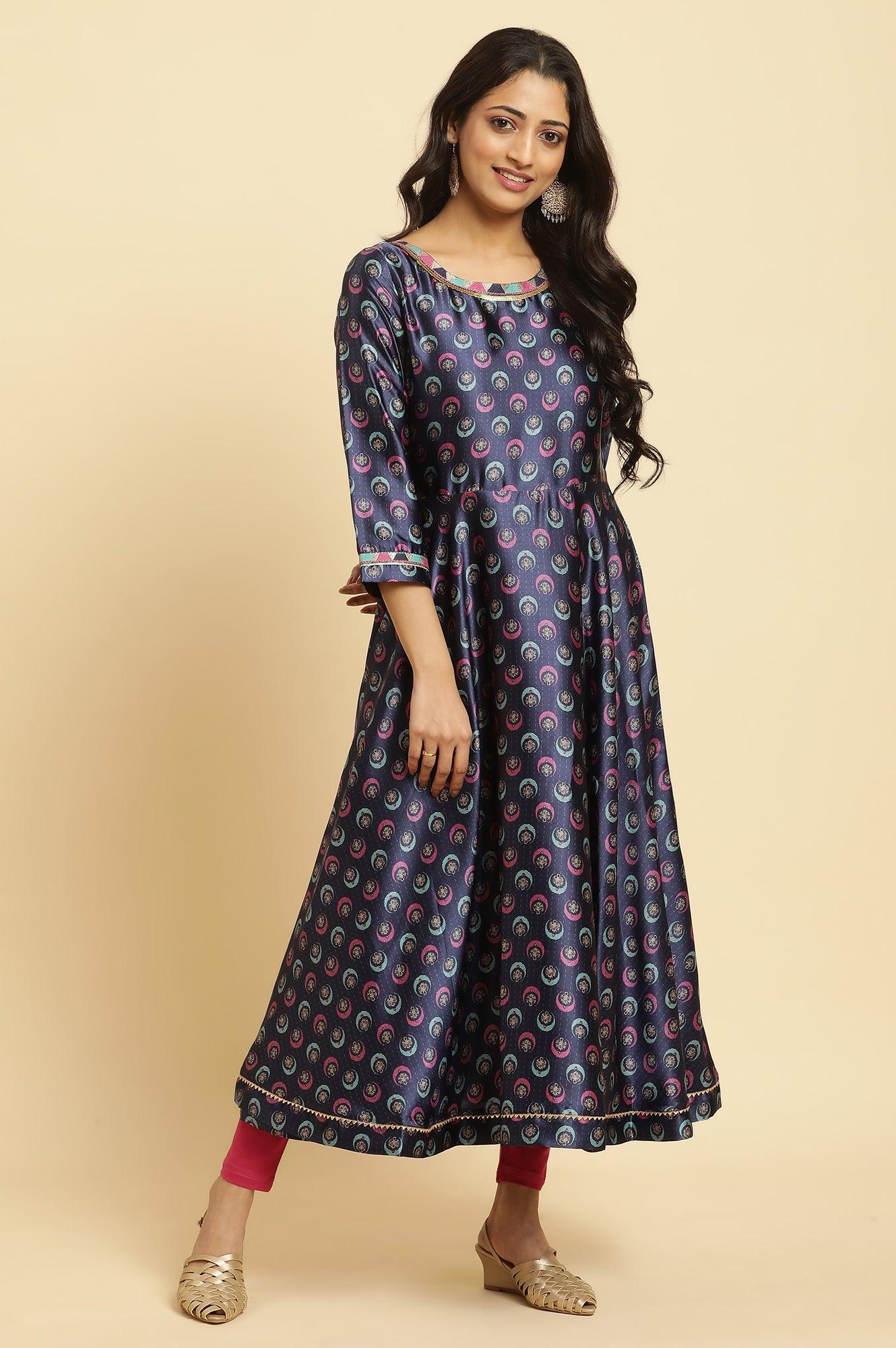 Navy Yellow Flared Kurta, Tights And Dupatta Set - wforwoman