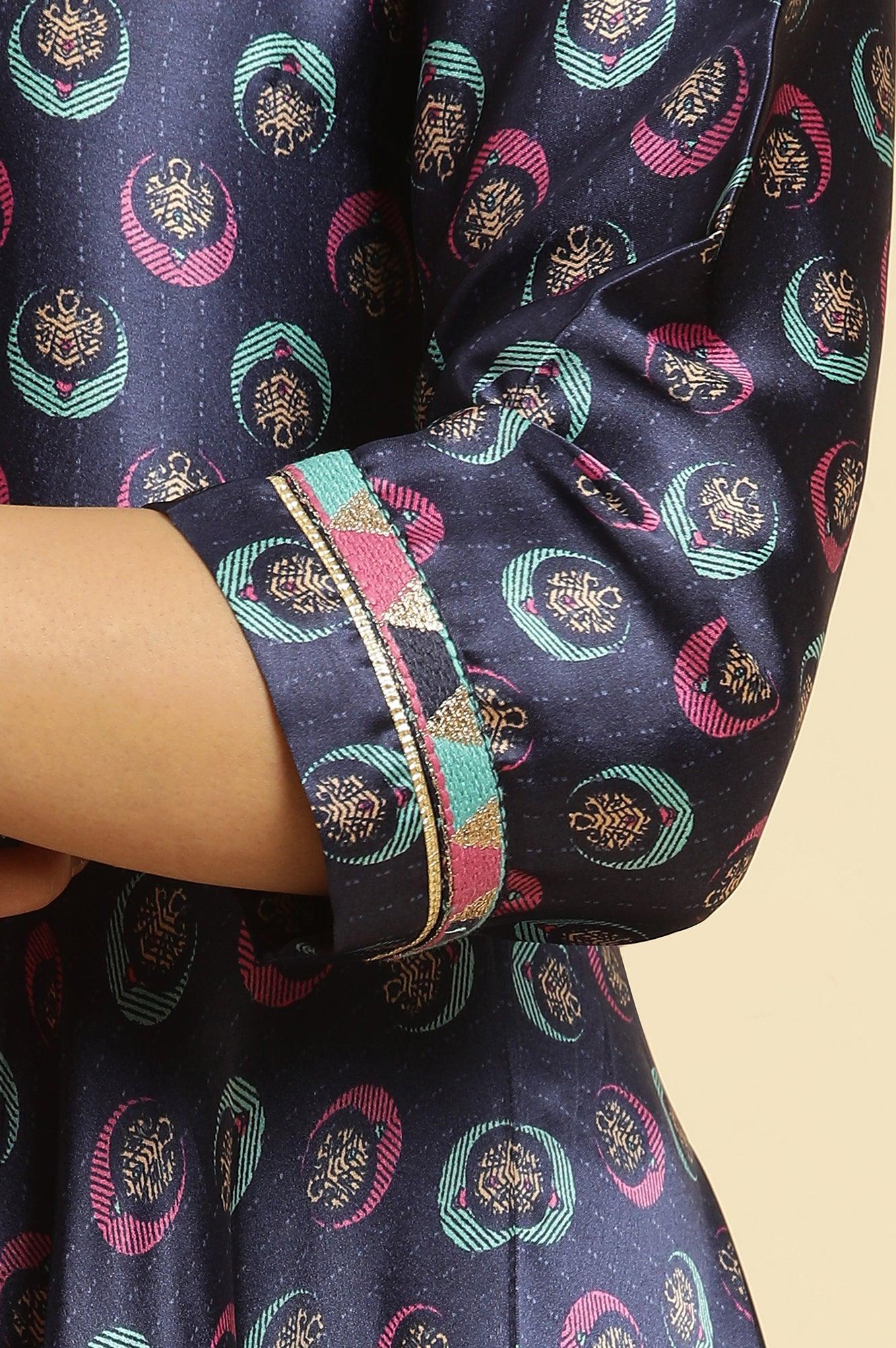 Navy Yellow Flared Kurta, Tights And Dupatta Set - wforwoman