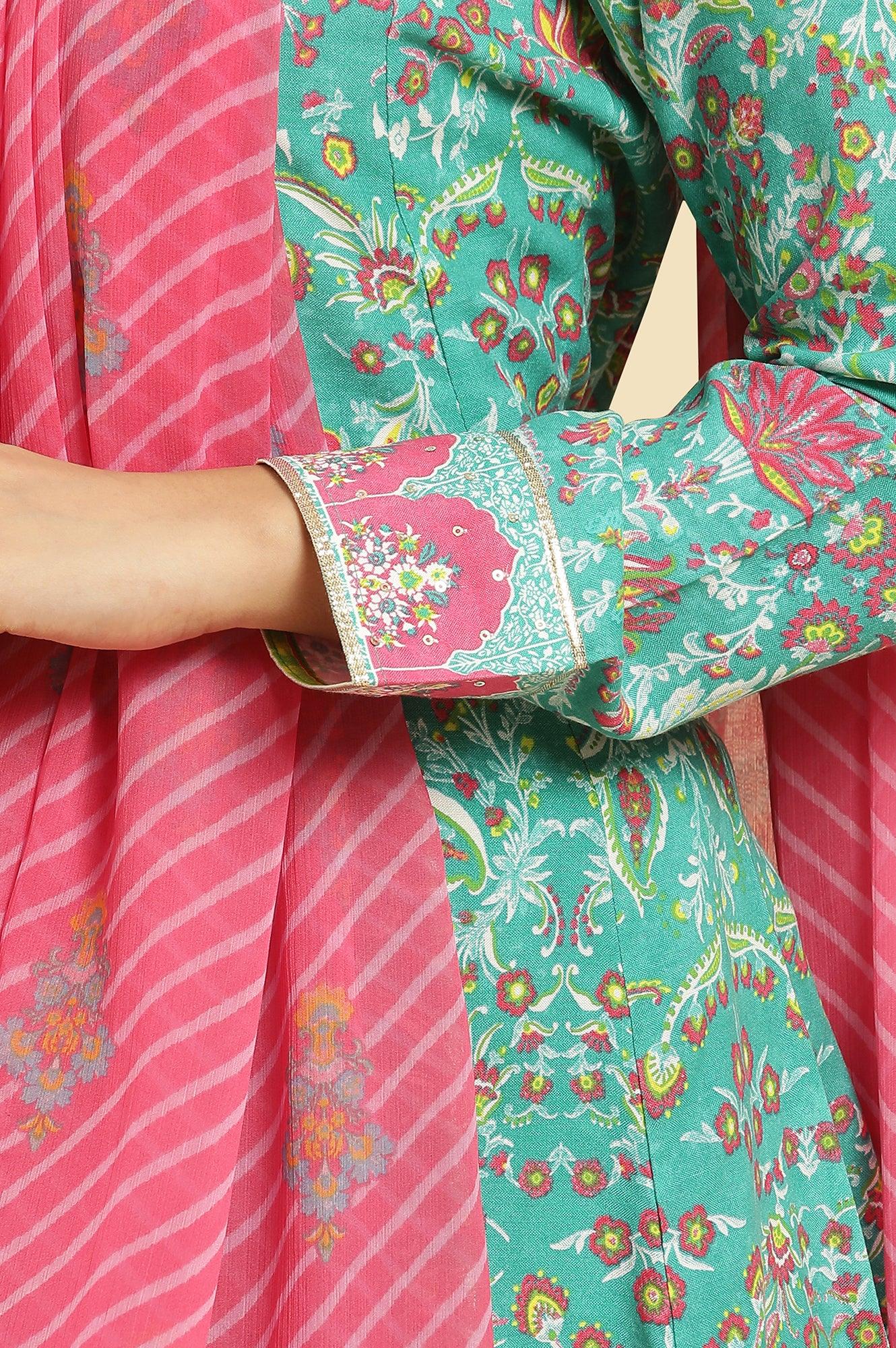 Teal Green Anarkali Printed Kurta, Tights And Dupatta Set - wforwoman