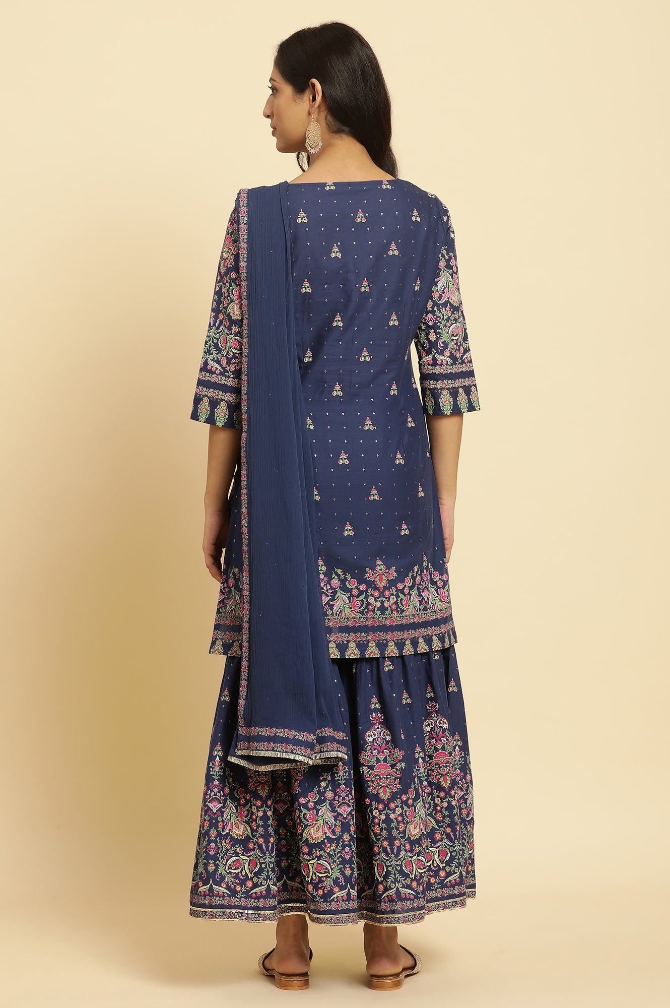 Blue Floral Printed Kurta, Sharara And Dupatta Set - wforwoman