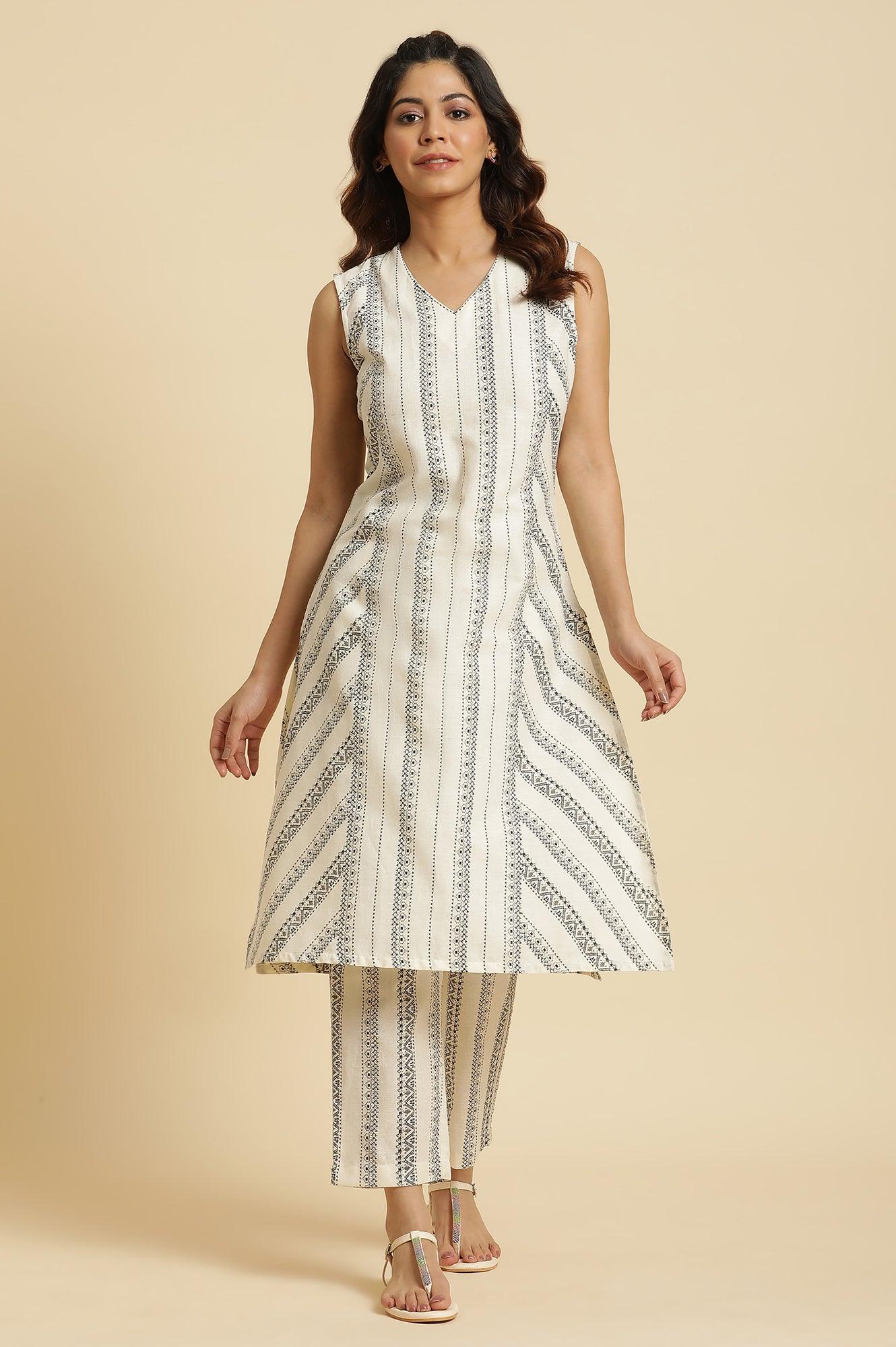 Ecru Printed Kurta & Pants Co-Ord Set With Kantha Detail - wforwoman