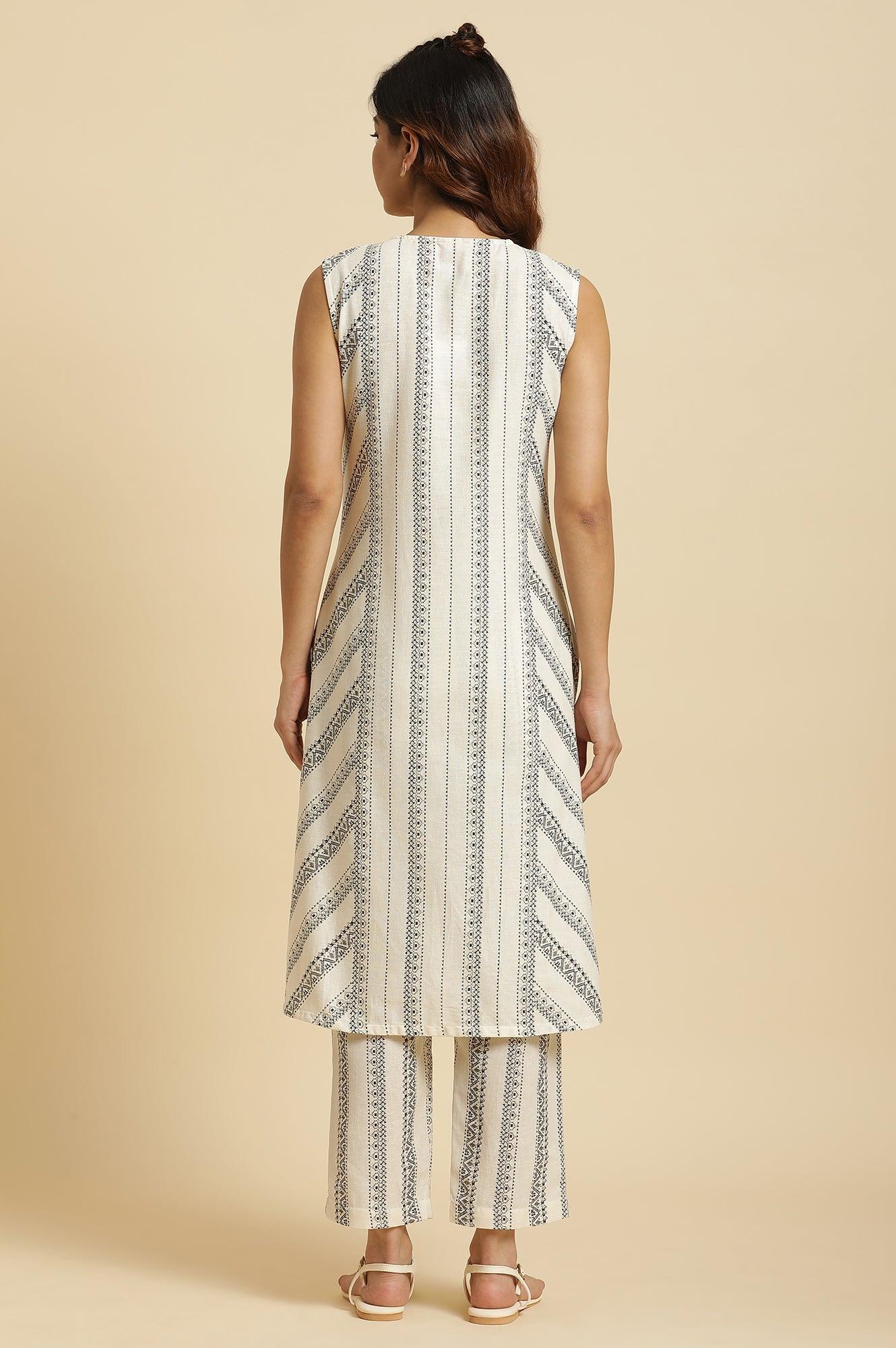 Ecru Printed Kurta & Pants Co-Ord Set With Kantha Detail - wforwoman