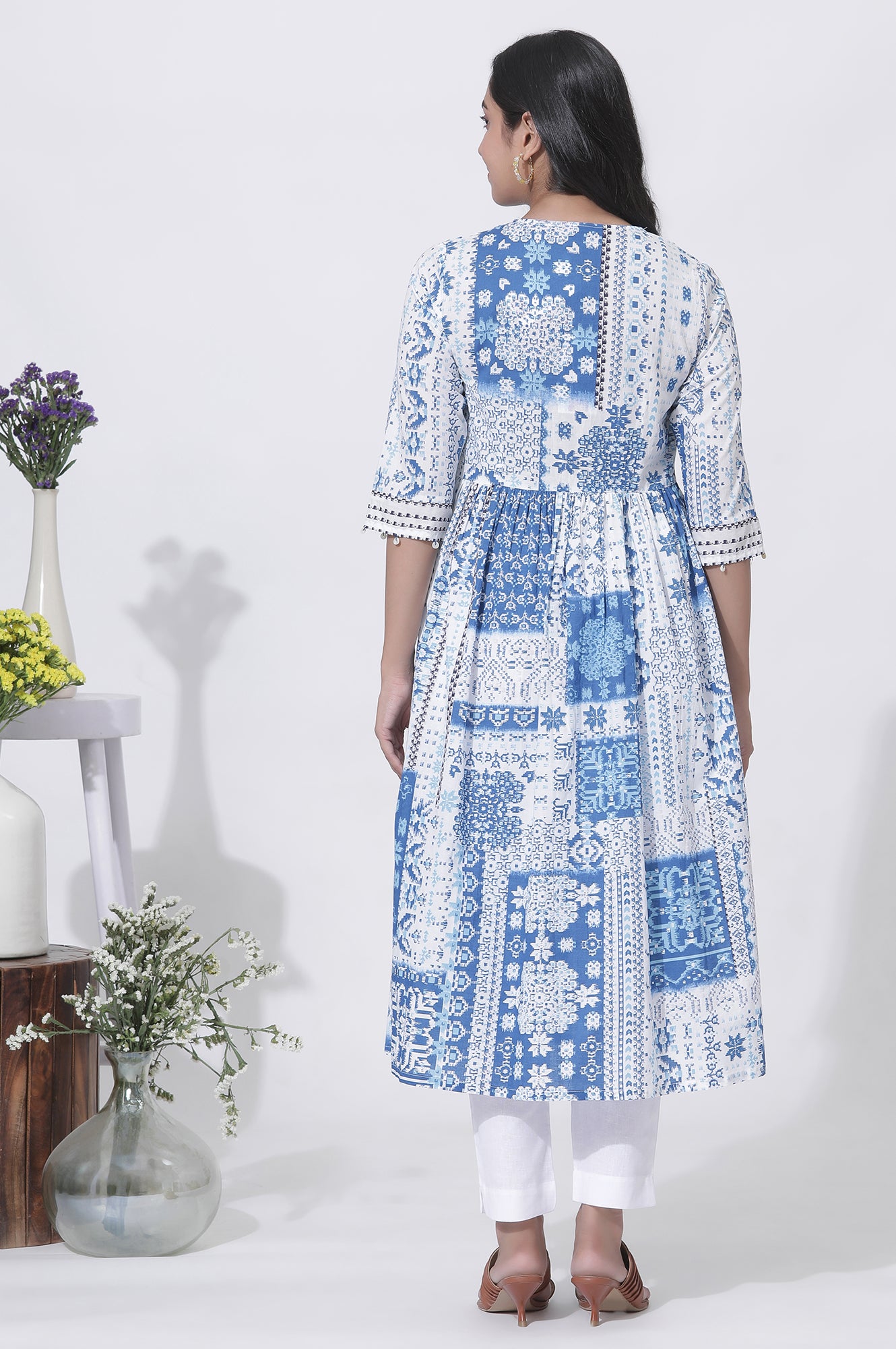 White And Blue Cotton Printed Flared Kurta And Pants Set
