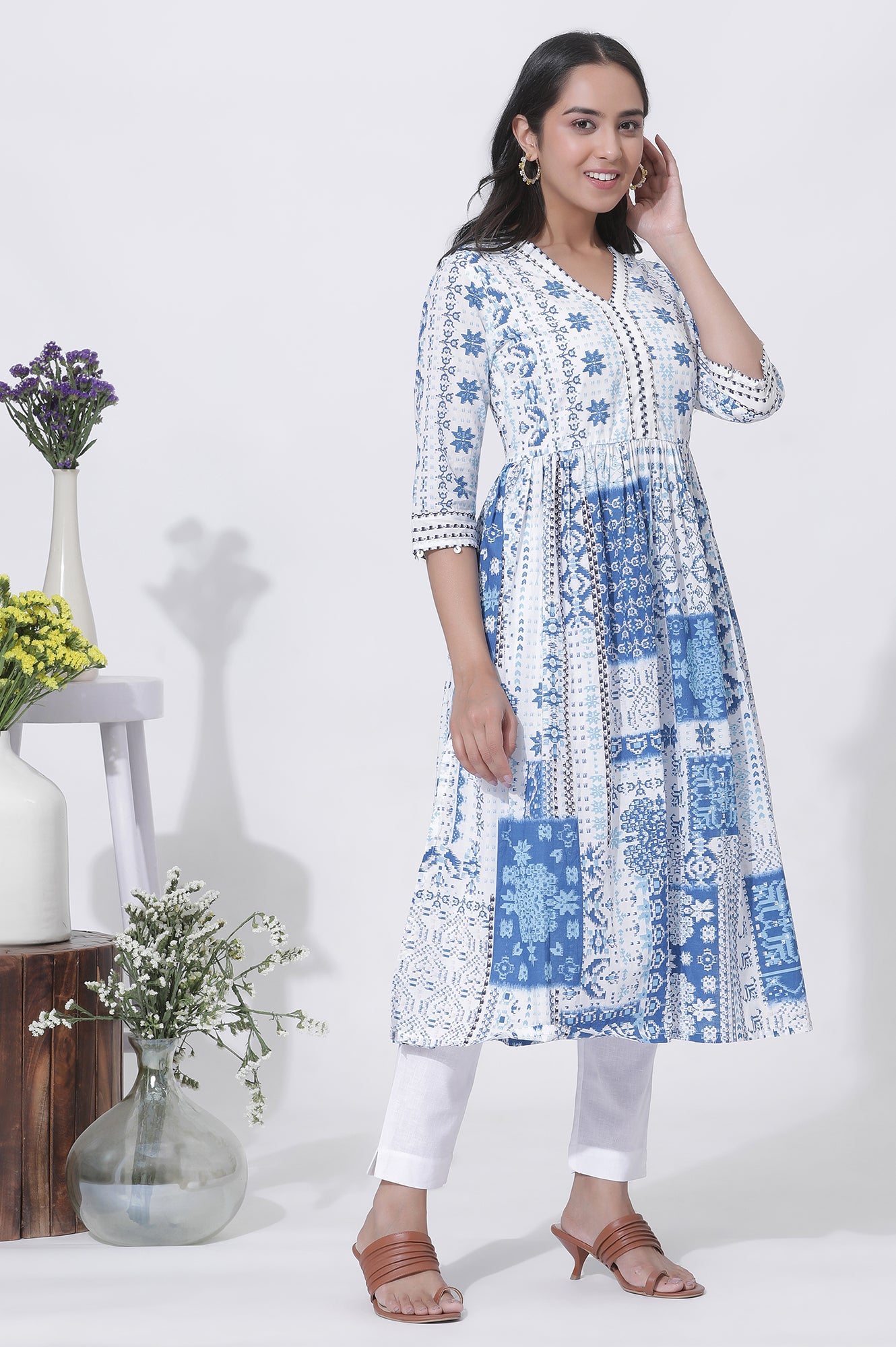 White And Blue Cotton Printed Flared Kurta And Pants Set