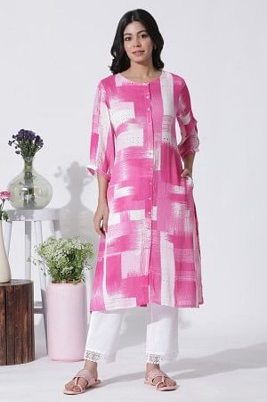 Pink & White Abstract Printed Kurta And Straight Pants Set