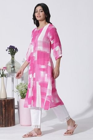 Pink & White Abstract Printed Kurta And Straight Pants Set