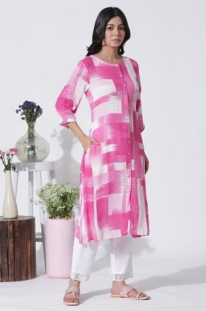 Pink & White Abstract Printed Kurta And Straight Pants Set