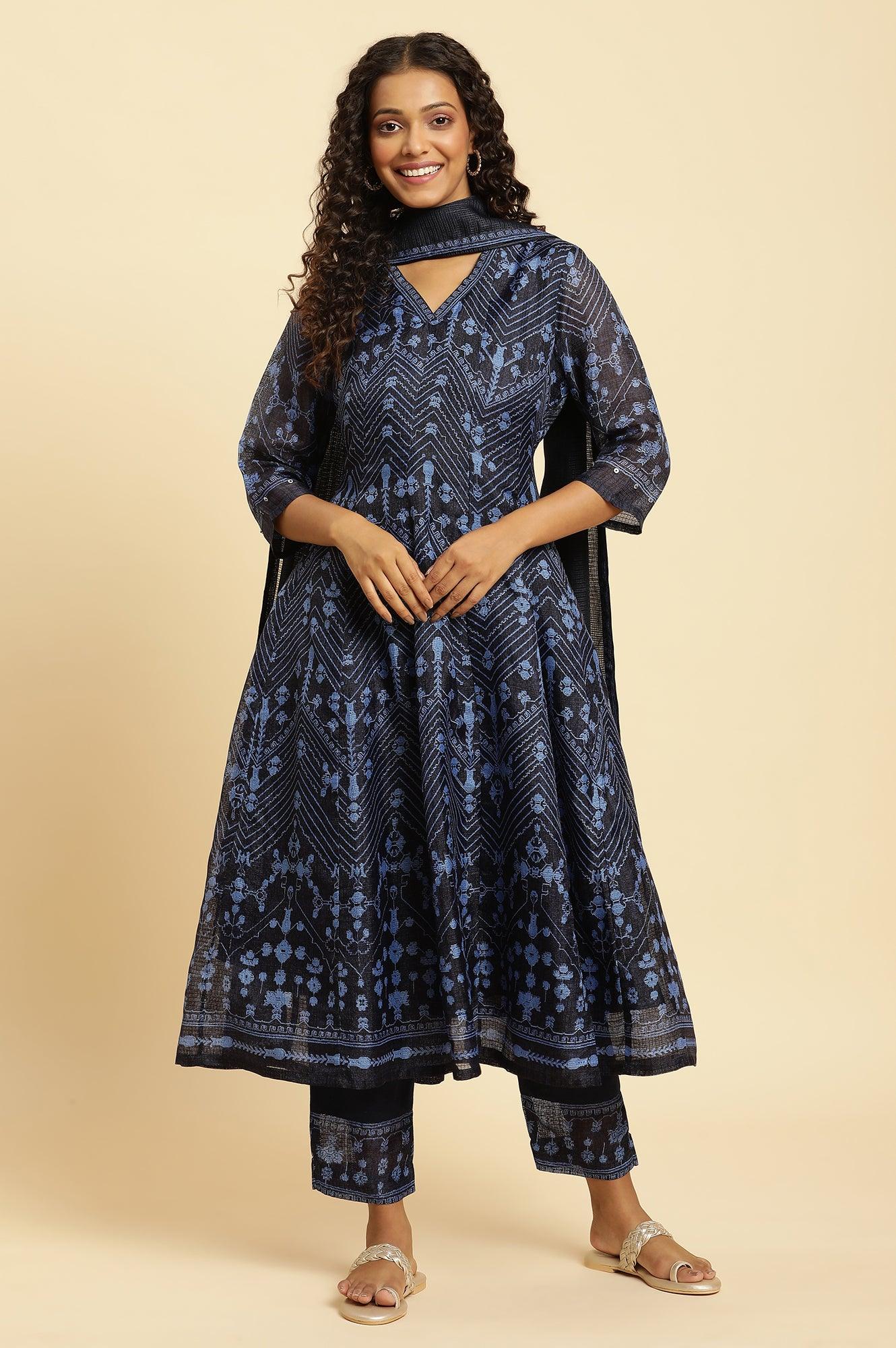 Navy Blue Printed Kota Kurta, Pants And Dupatta Set - wforwoman