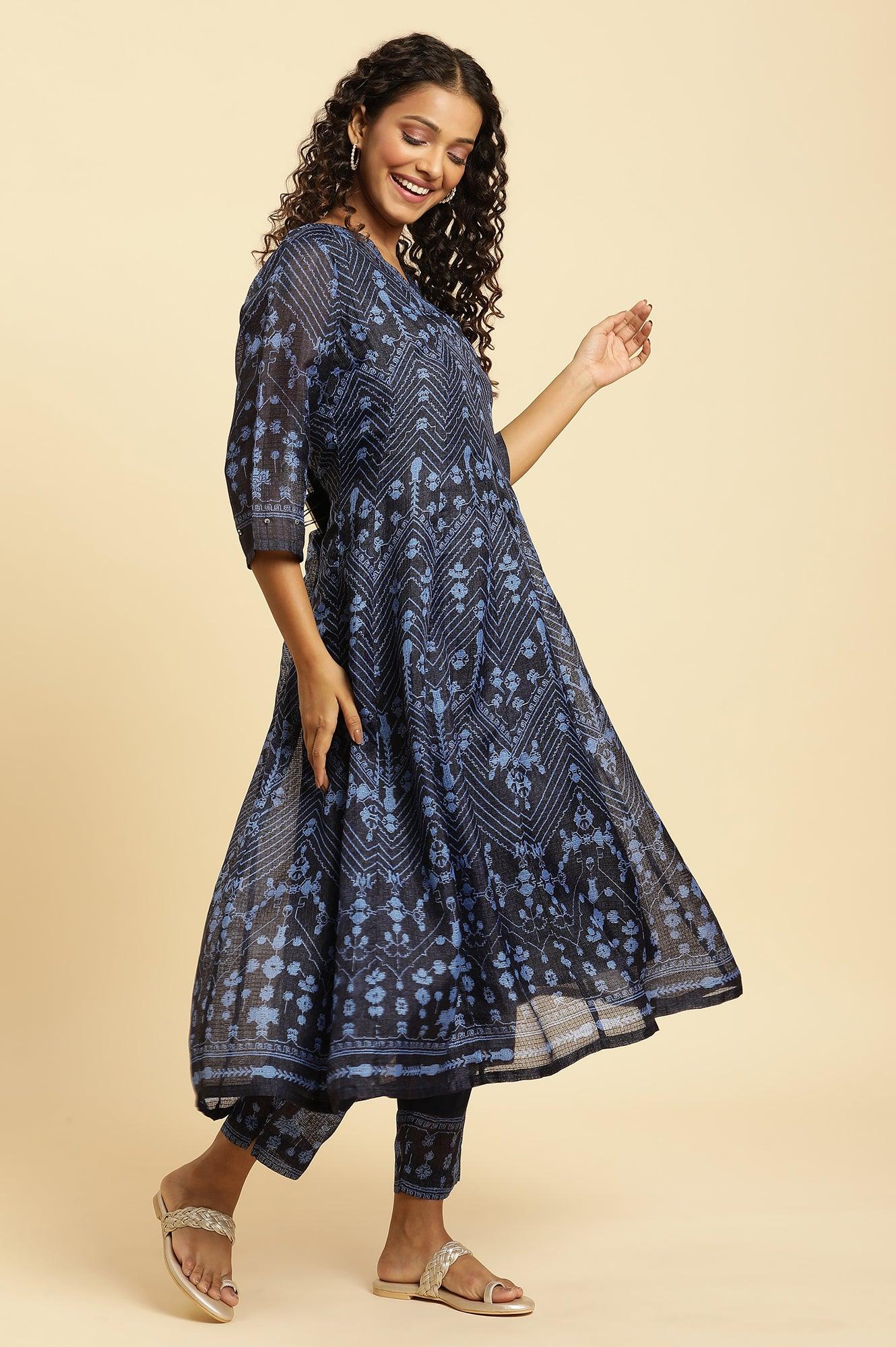 Navy Blue Printed Kota Kurta, Pants And Dupatta Set - wforwoman