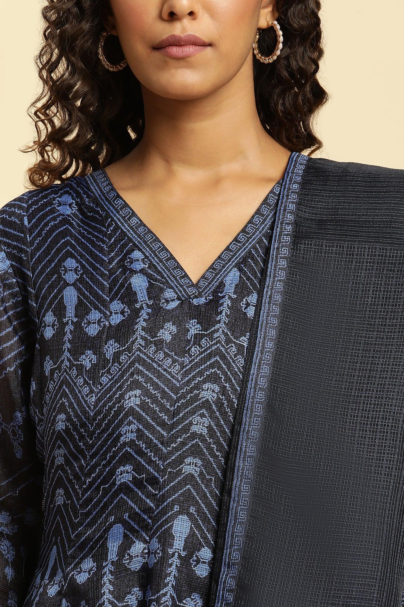 Navy Blue Printed Kota Kurta, Pants And Dupatta Set - wforwoman