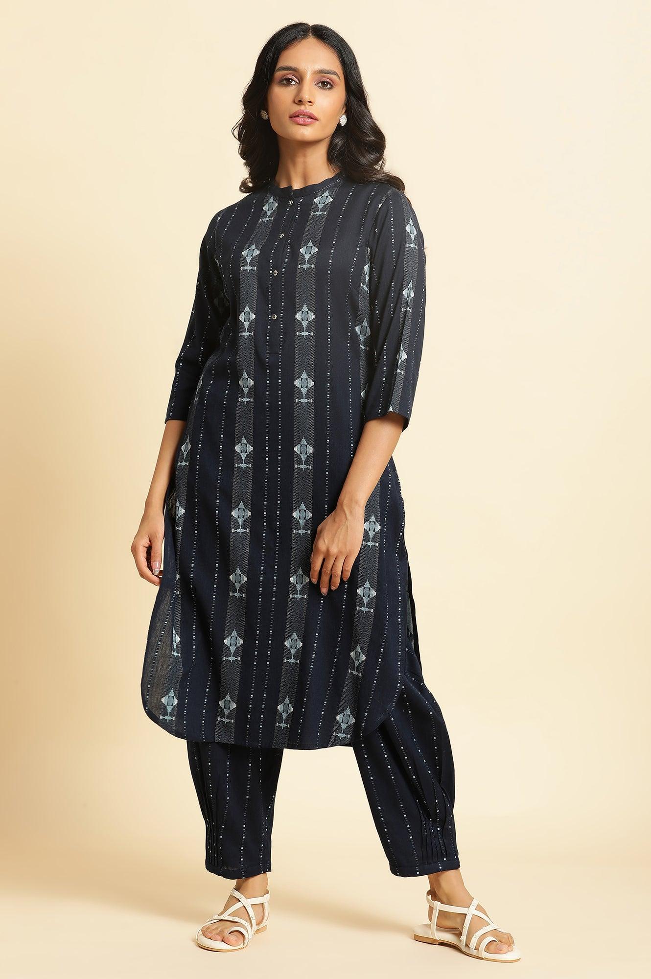 Navy Blue Printed Cotton Kurta & Pleated Pants Set - wforwoman