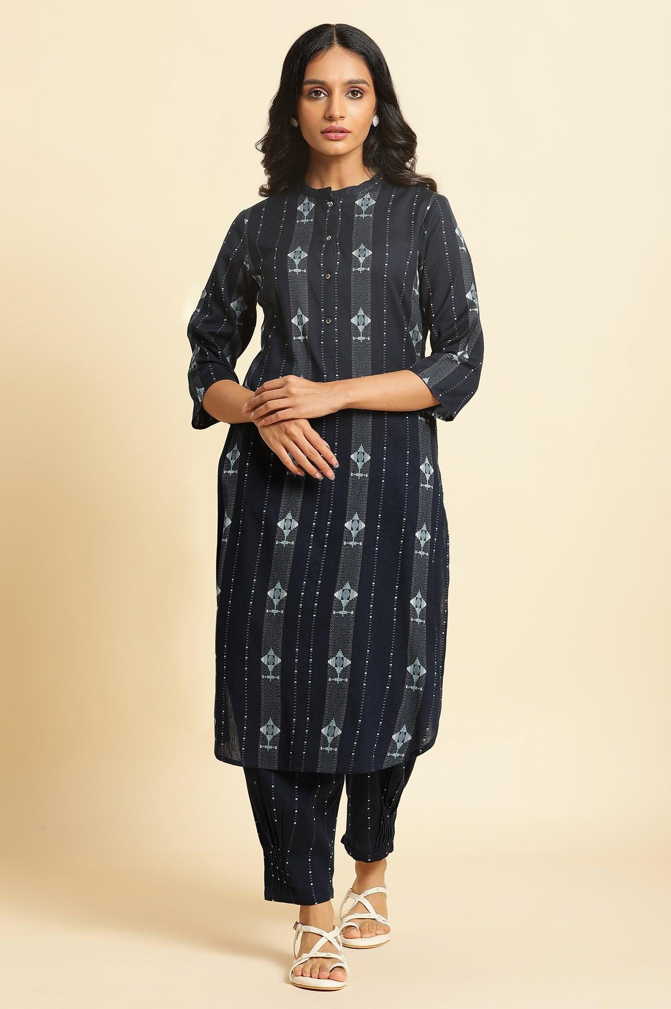 Navy Blue Printed Cotton Kurta & Pleated Pants Set - wforwoman