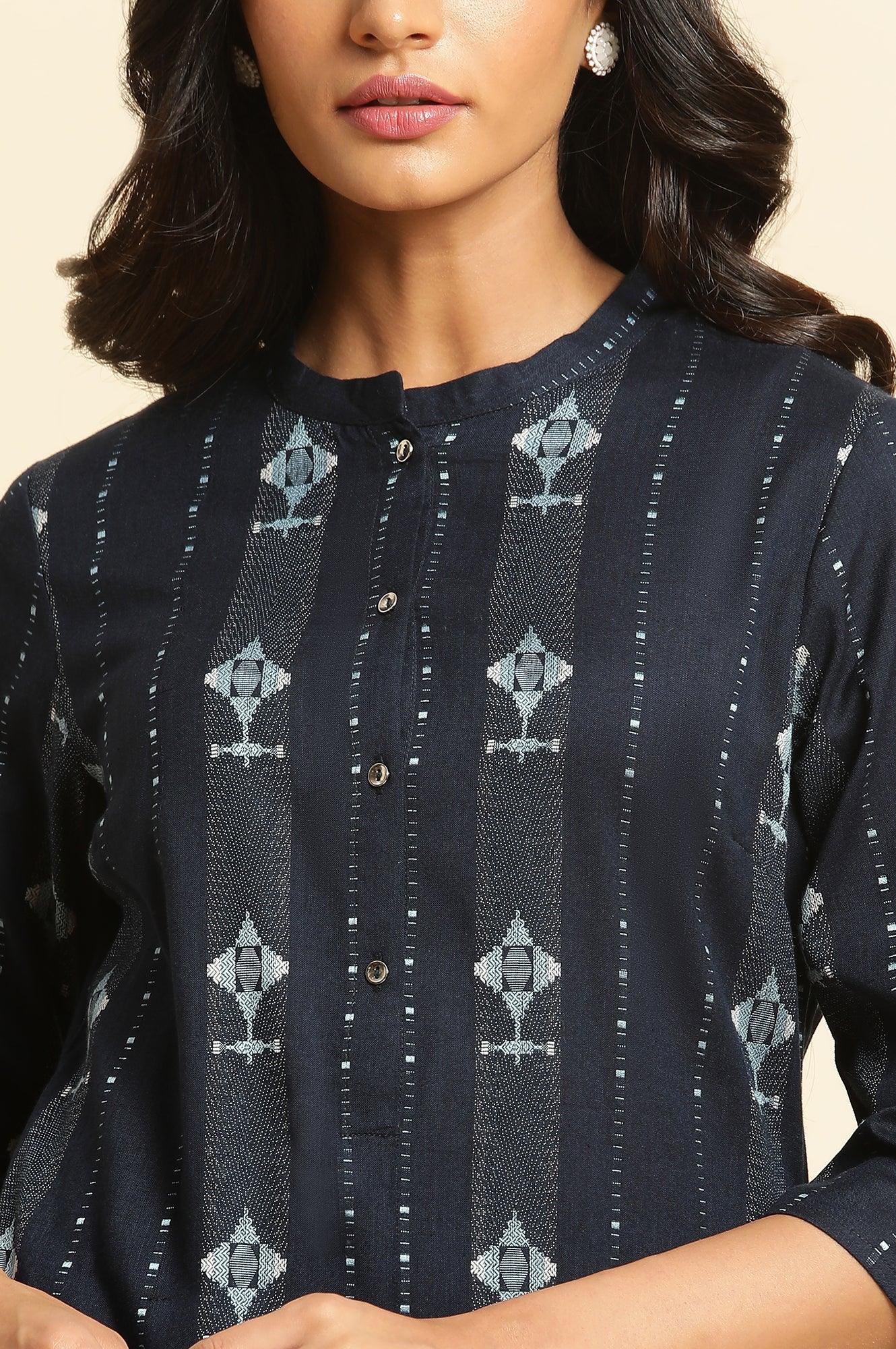 Navy Blue Printed Cotton Kurta & Pleated Pants Set - wforwoman