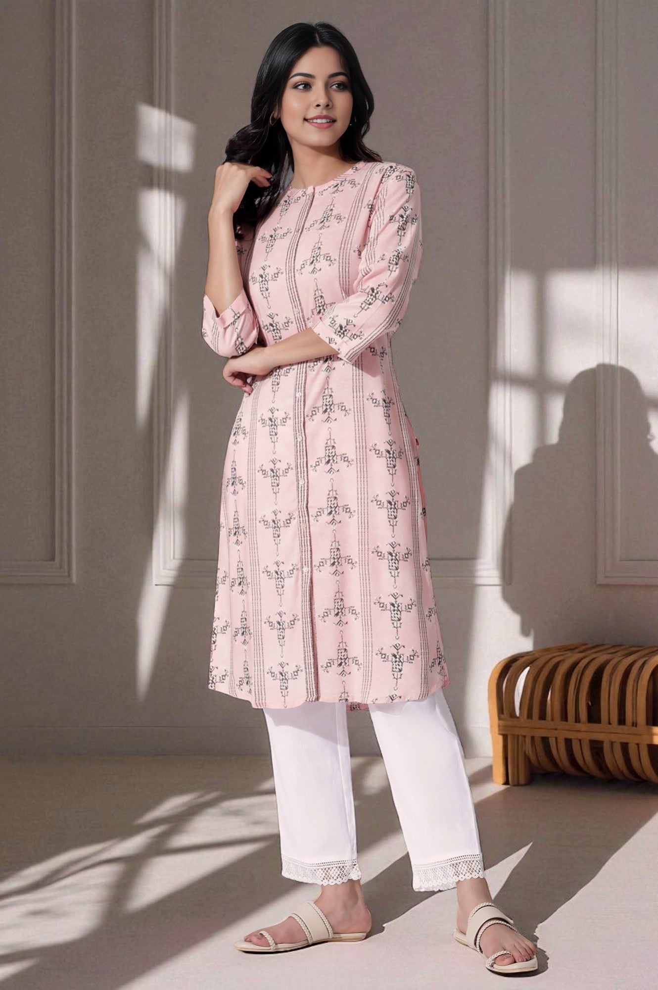 Pink Geometric Printed Straight Shirt Kurta and Pants Set
