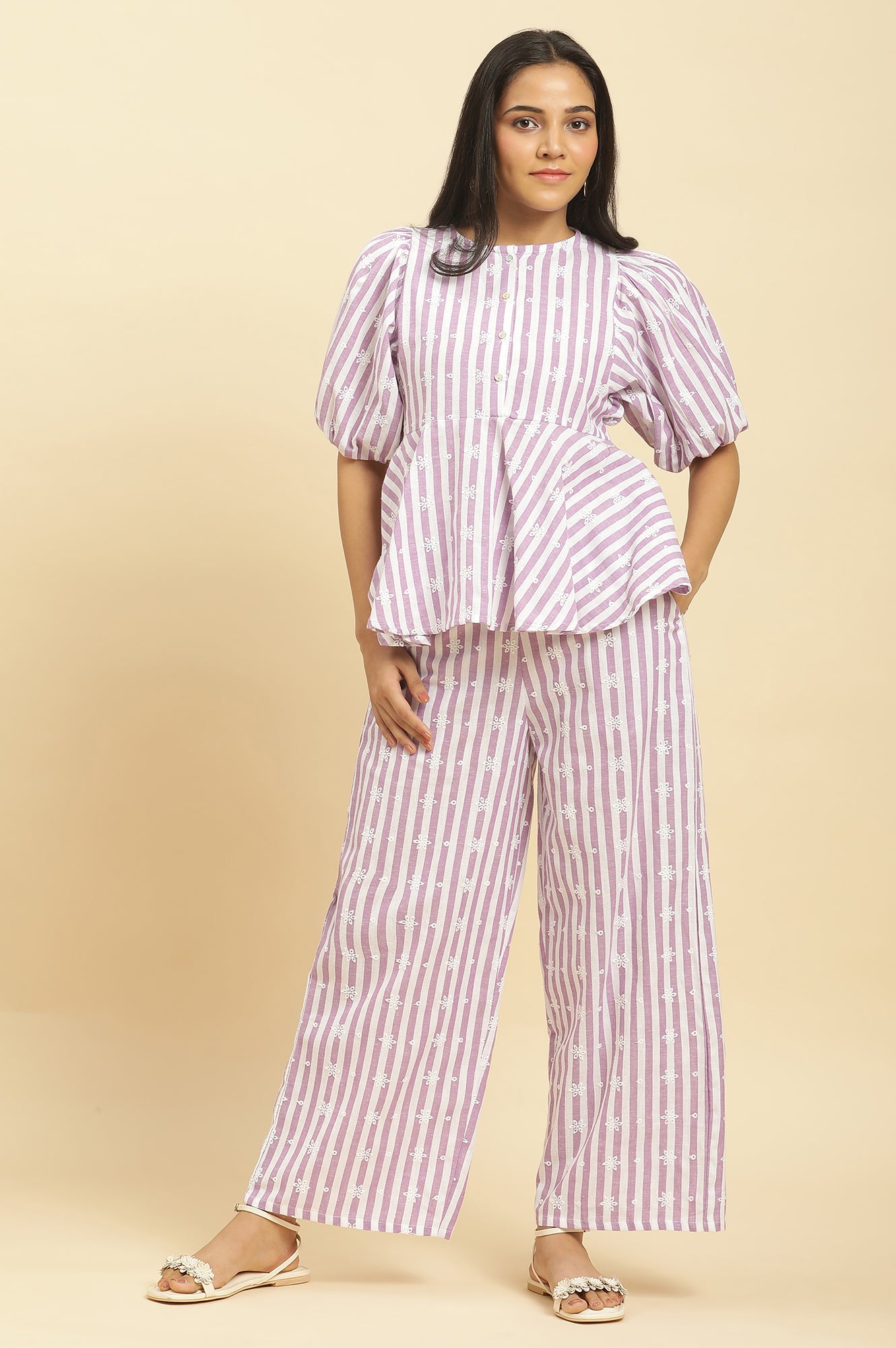 Purple And White Stripe Schiffli Peplum Top And Pants Set