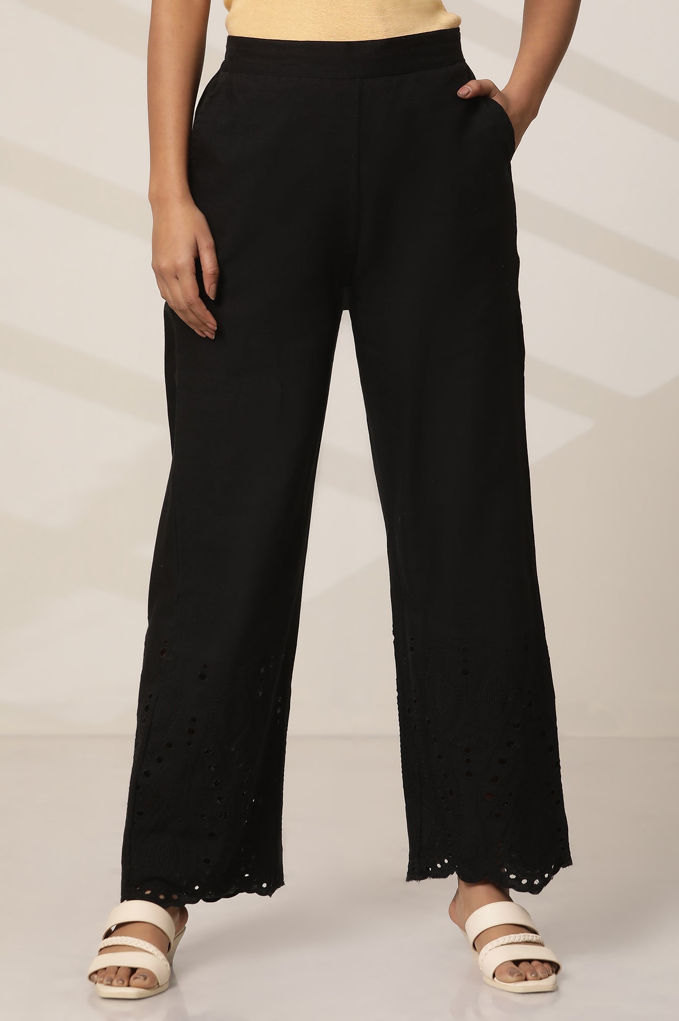 Black Embroidered Semi Flared Cotton Palazzo With Side Pockets XS