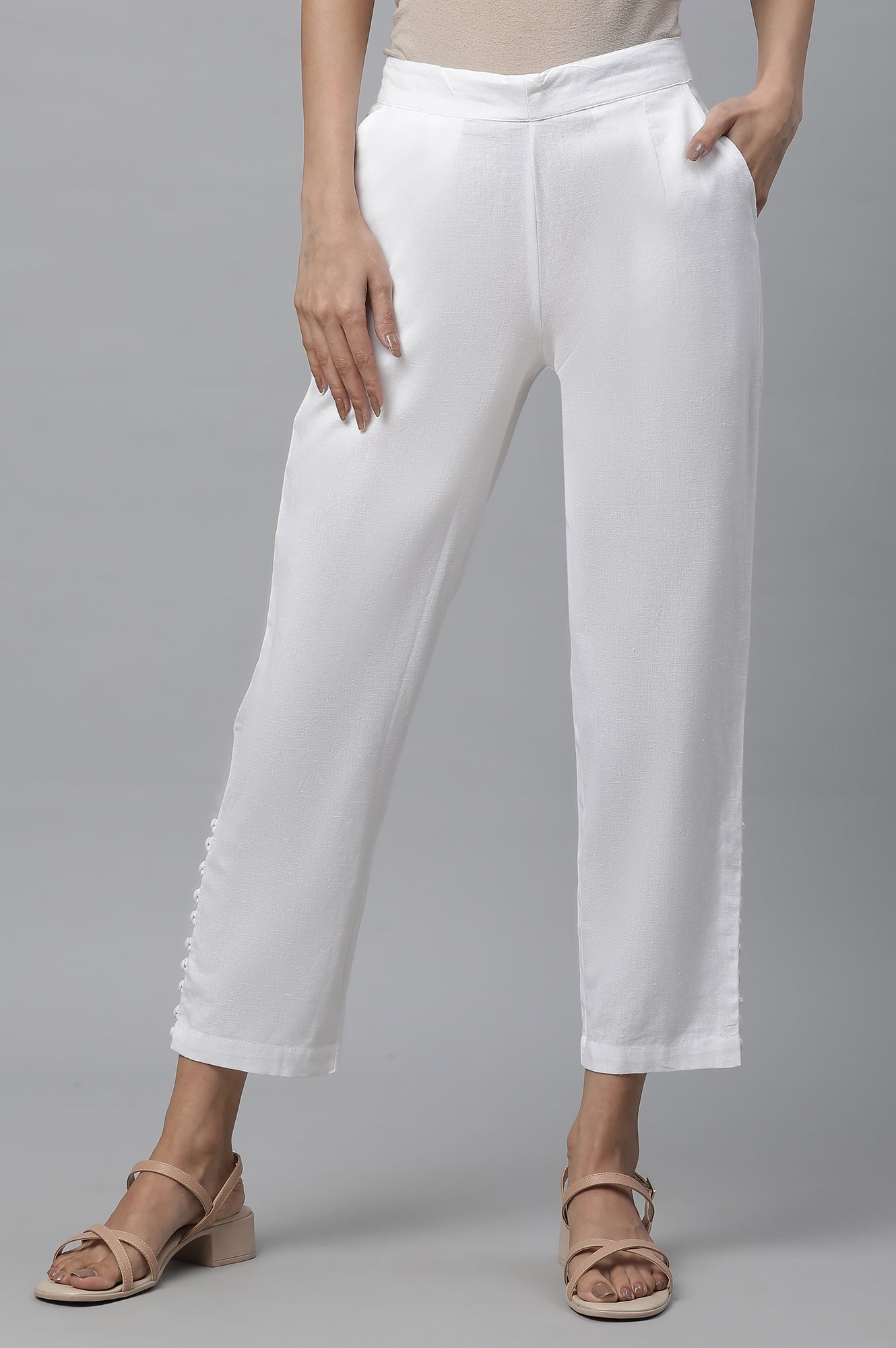 White Solid Straight Fit Cotton Trousers With Button Detail XS