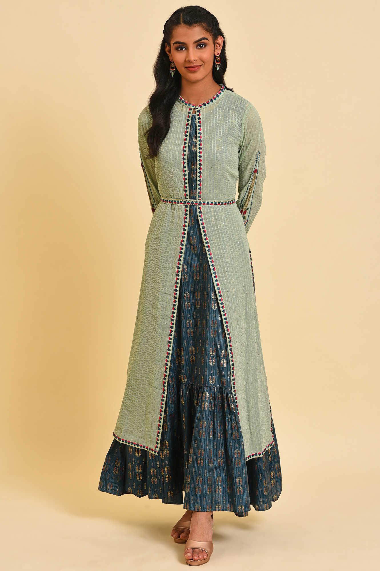 Green Embroidered Gillet & Tiered Dress Set - wforwoman
