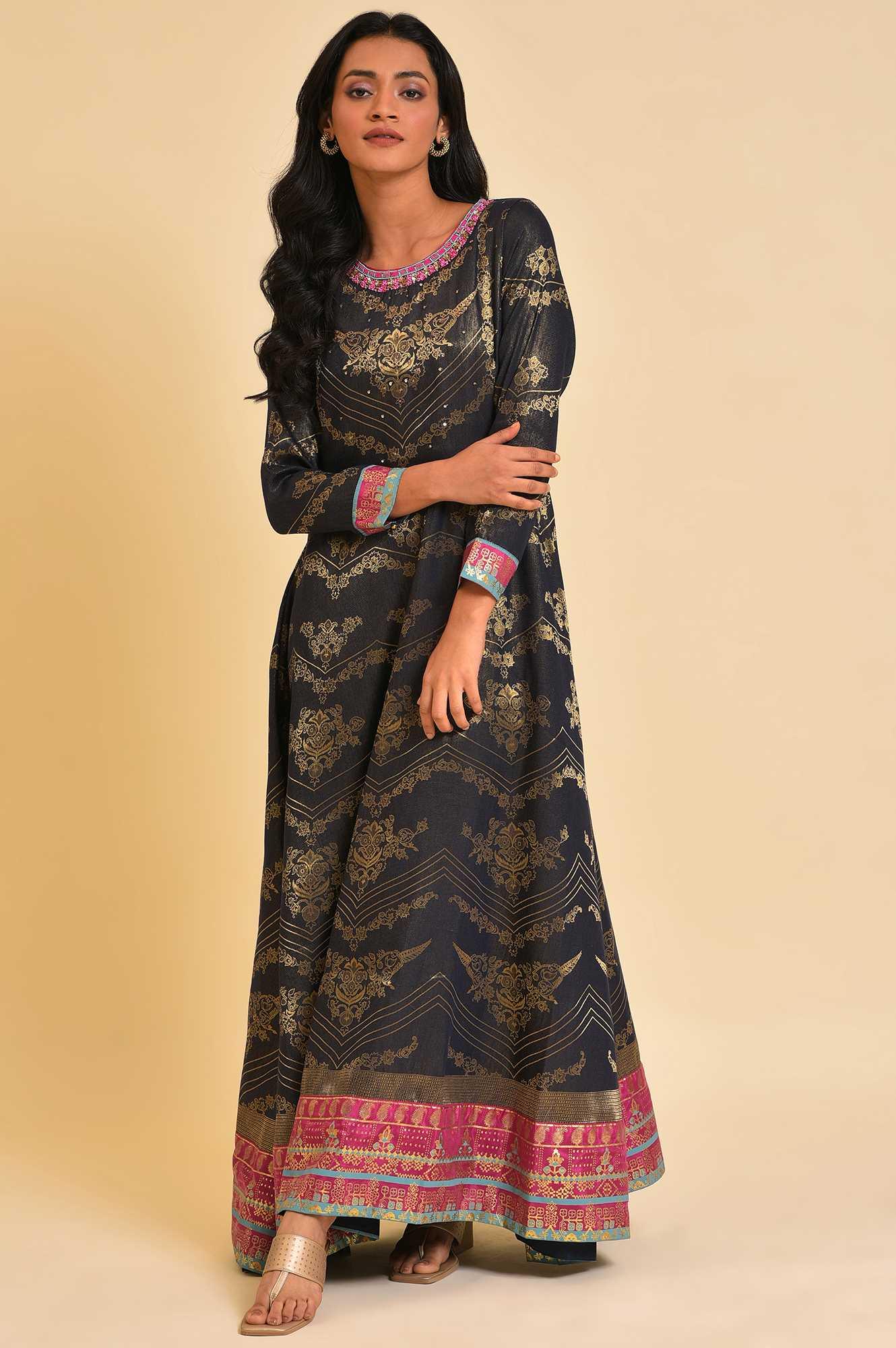 Navy Blue Flared Festive Dress - wforwoman
