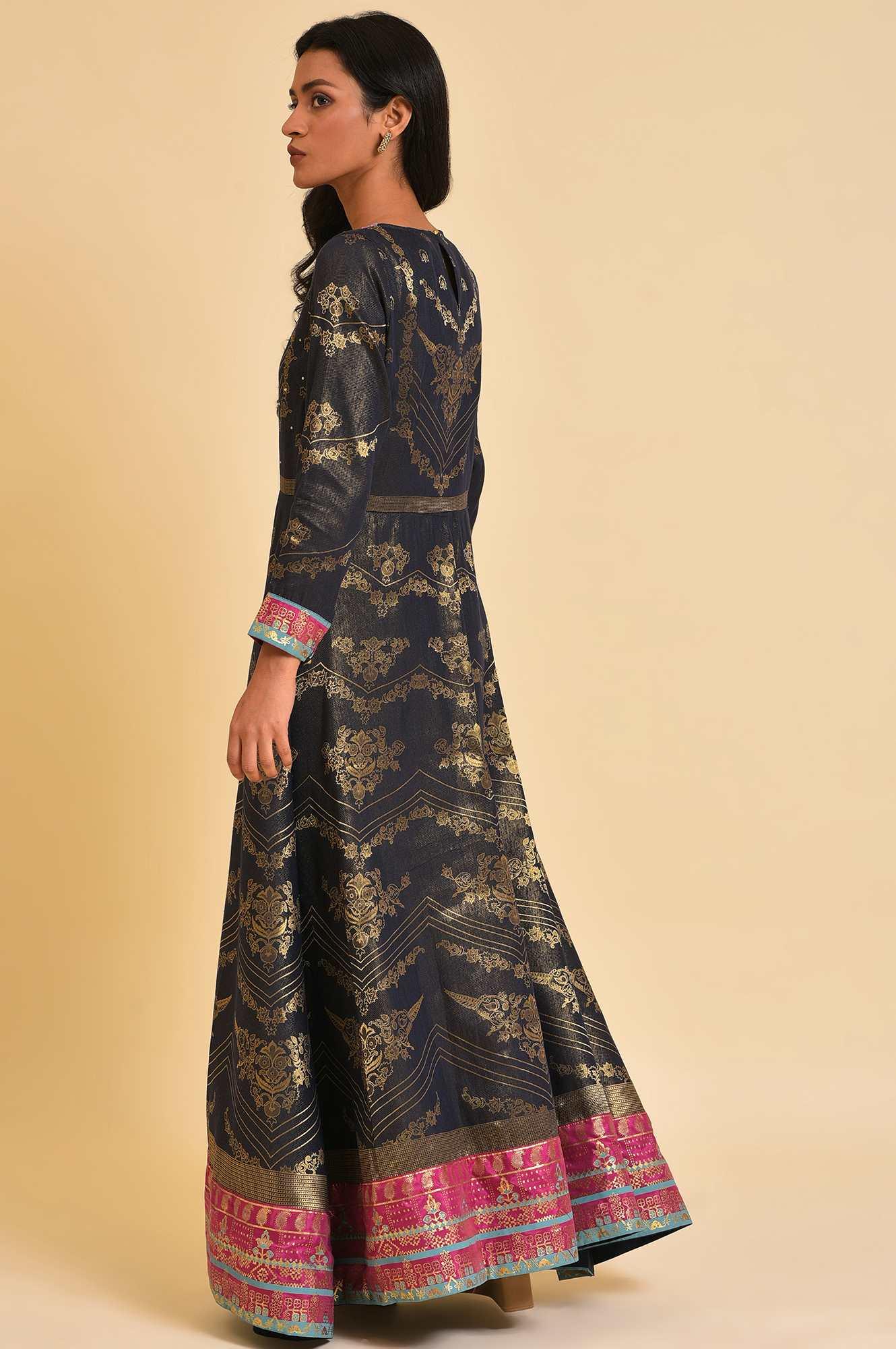 Navy Blue Flared Festive Dress - wforwoman