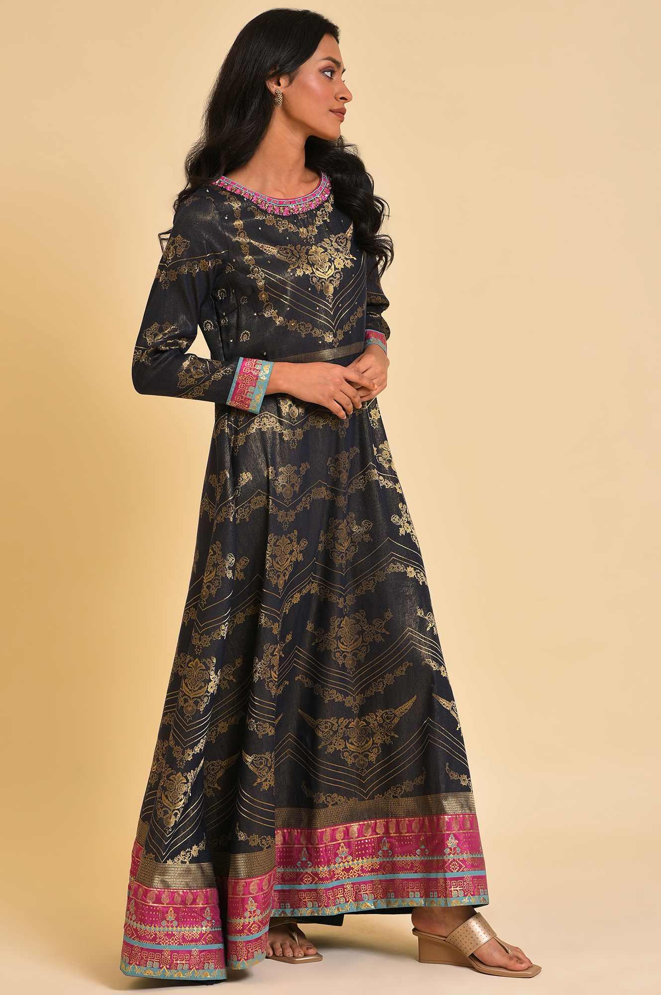 Navy Blue Flared Festive Dress - wforwoman